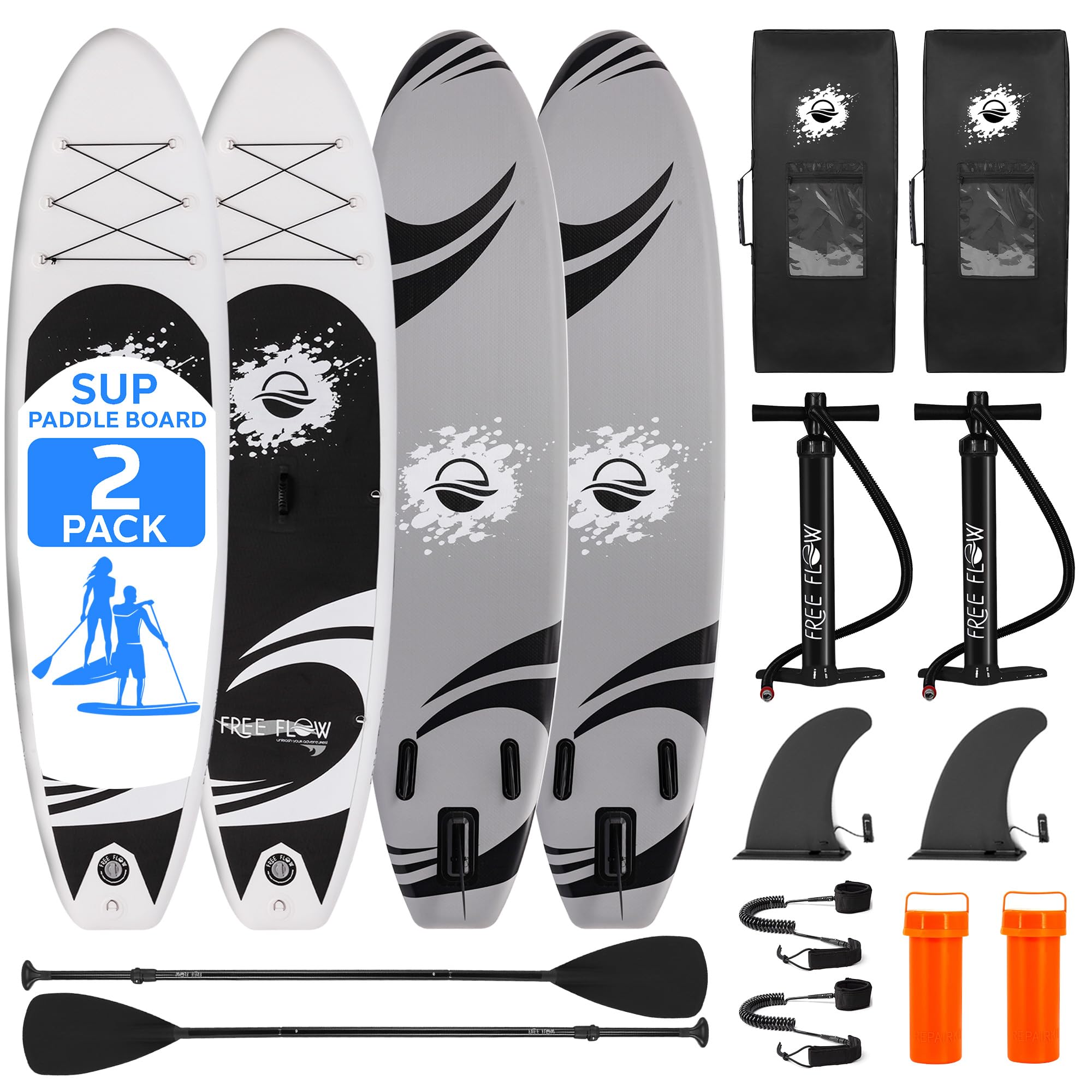 SereneLife 10’ Inflatable Stand Up Paddle Board 2-Pack with Premium SUP Accessories – 32” Wide Stable Design with Non-Slip EVA Deck Pad for Youth and