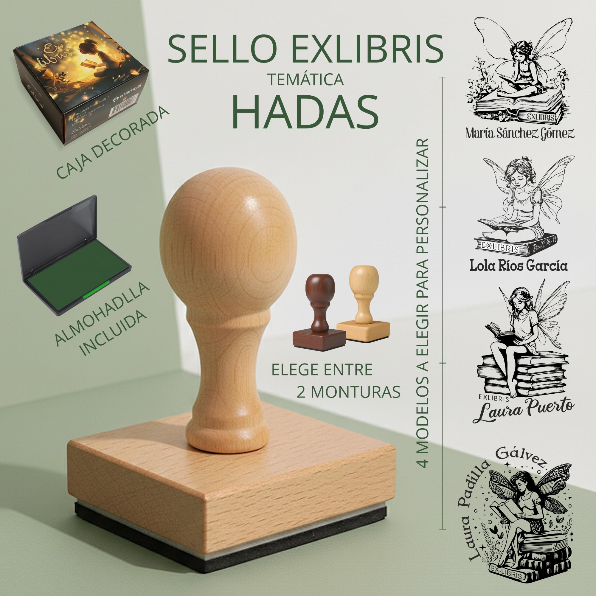 STAMPA | Ex Libris Personalizado Hada Leyendo – Sello para Libros con Nombre | Caucho Grabado Láser + Madera Haya/Caoba | Almohadilla de Tinta Negro/Azul/Rojo/Verde | Caja Regalo