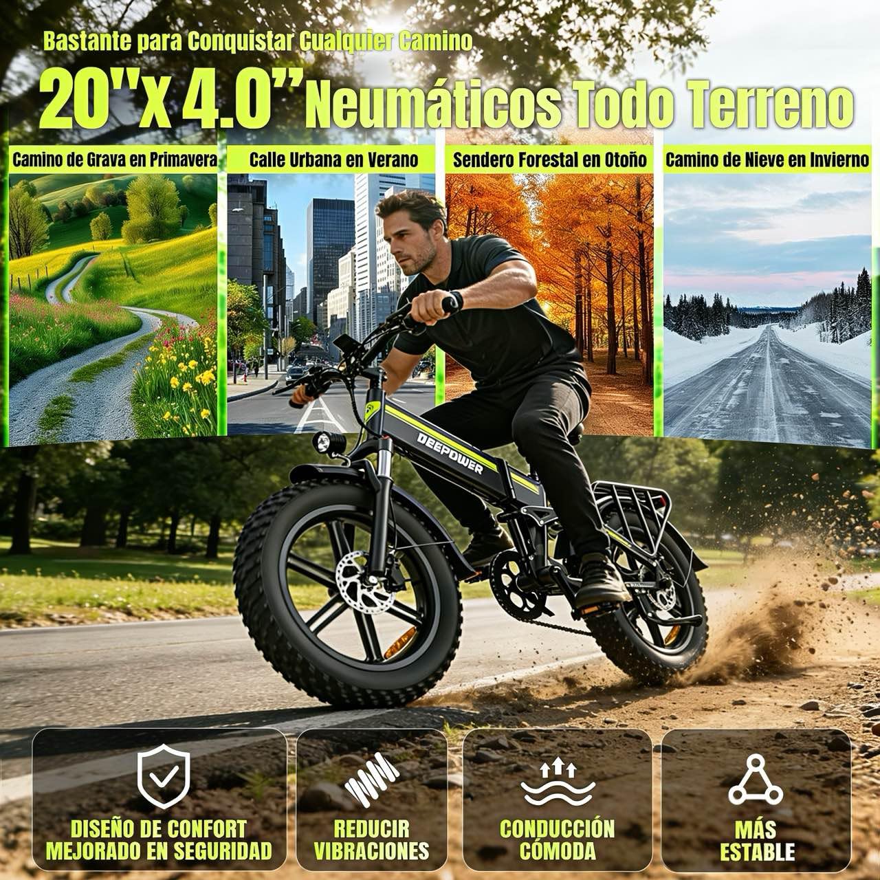DEEPOWER Bicicleta Eléctrica Plegable, Neumáticos Gruesos 20''×4.0, Batería de Litio Extraíble 48V 25Ah, Autonomía 110 km, Motor de Alto Rendimiento, Velocidades, Suspensión Completa y Frenos