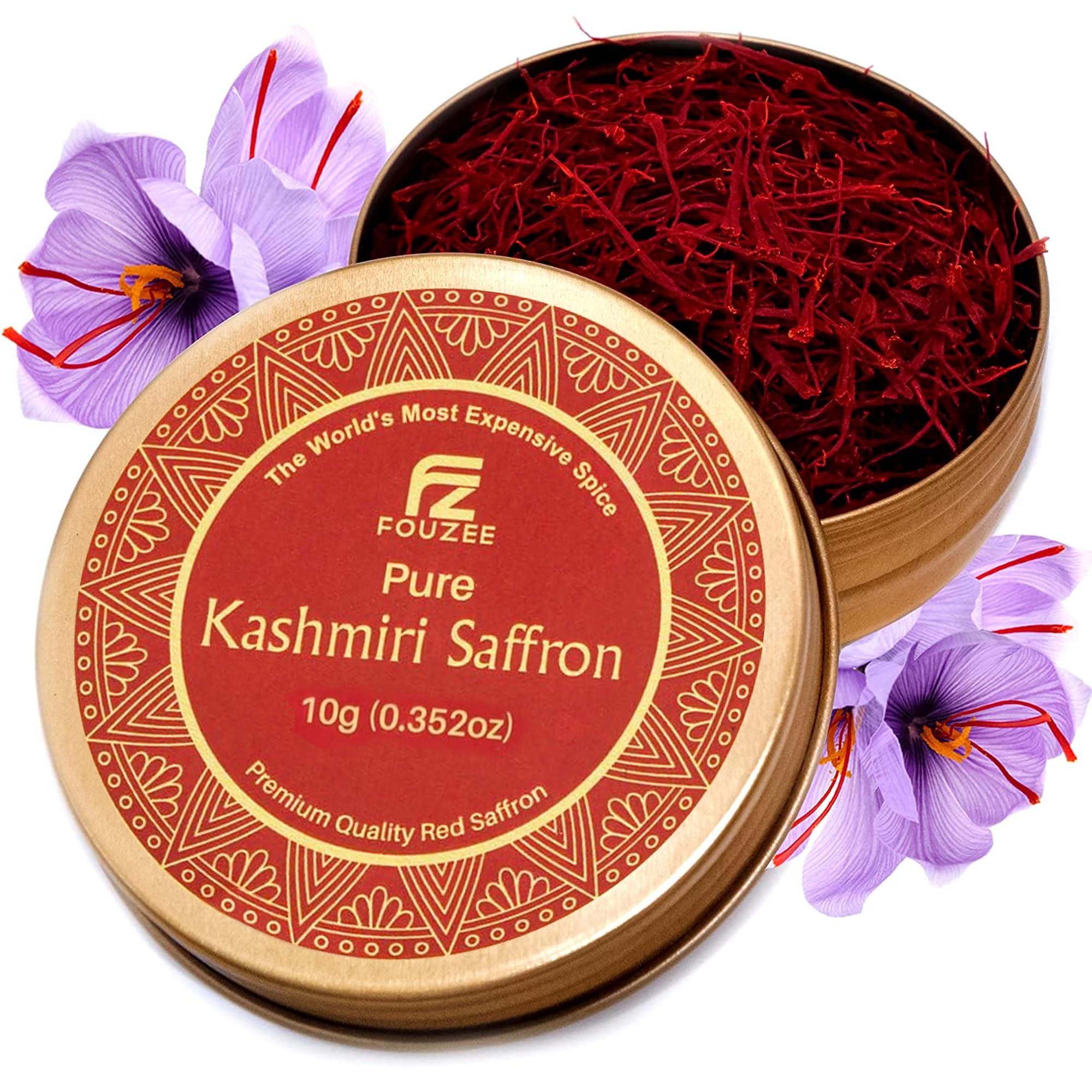 FOUZEE Pure Kashmiri Saffron Threads for Cooking, Spice, Spanish Foods. Finest Dark Red Saffron Delicious with Persian Rice, Tea, Golden Milk, Desserts, Rissoto Bulk Saffron Pack 10g