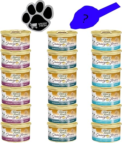 SPEEDY FRESH Fancy Feast Gravy Lovers - Alimento húmedo gourmet para gatos, paquete variado de 18 latas (paquete de pollo, pavo y salmón y suela)