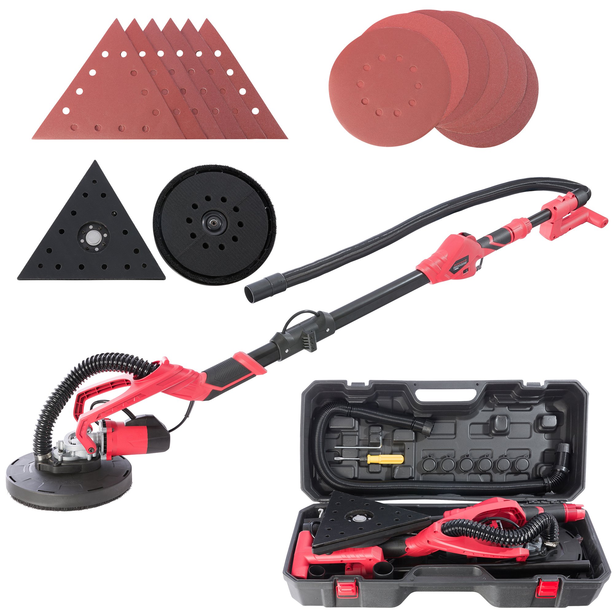 Arebos Trockenbauschleifer 710W | Langhalsschleifer mit Dual-Pad Schleifkopf Ø225mm | Teleskopstange, Absaugsystem, Schwenkbarer Kopf | inkl. 12 Schleifscheiben & Koffer
