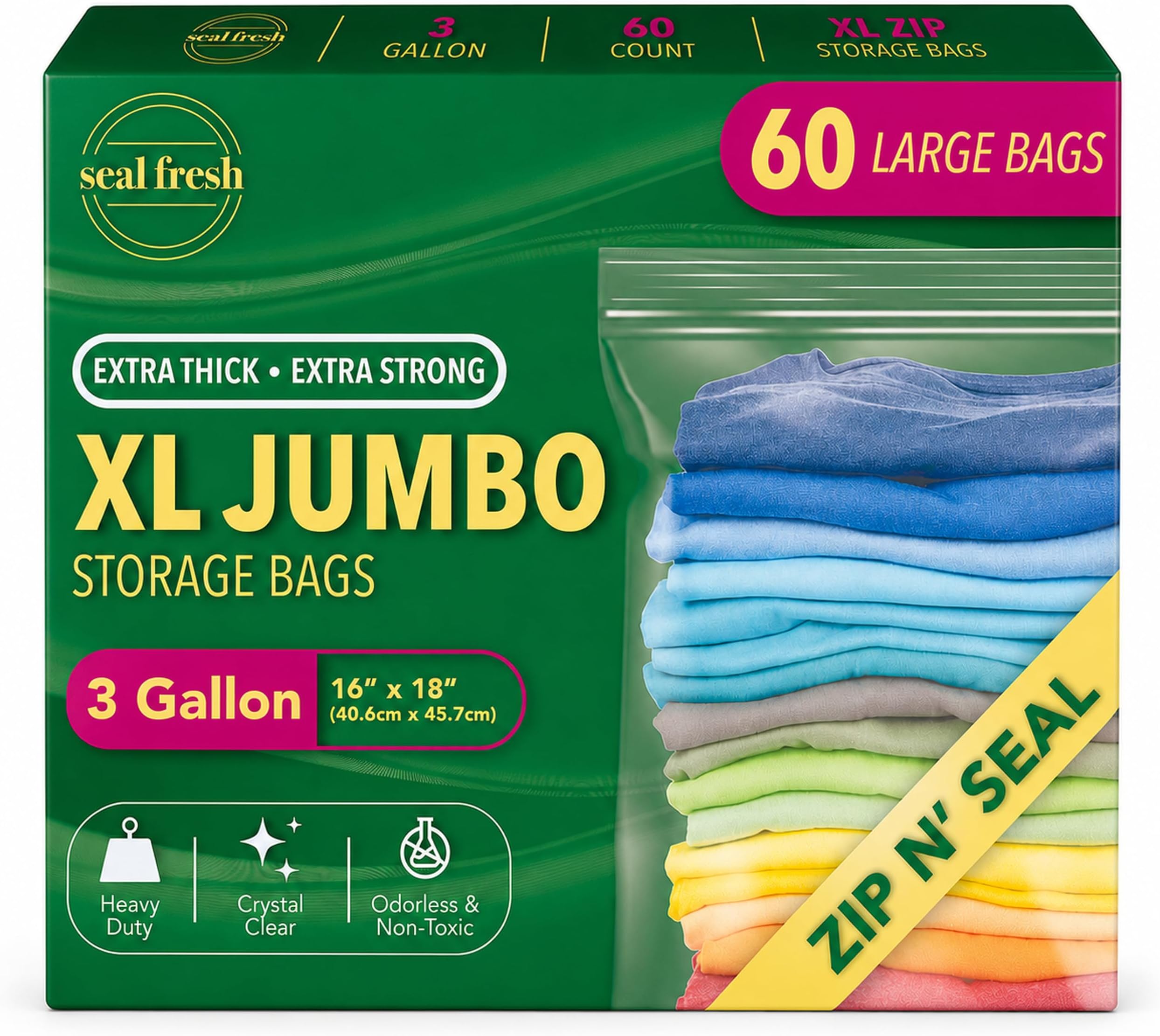 - Seal Fresh 3 Gallon Large Plastic Storage Bags - 16 x 18 Inch (60 Count) - Reusable Write-On XXL Extra Large Big Oversized Clear Jumbo Zip Top Bags with Sealable Zipper for Clothes, Travel, Moving