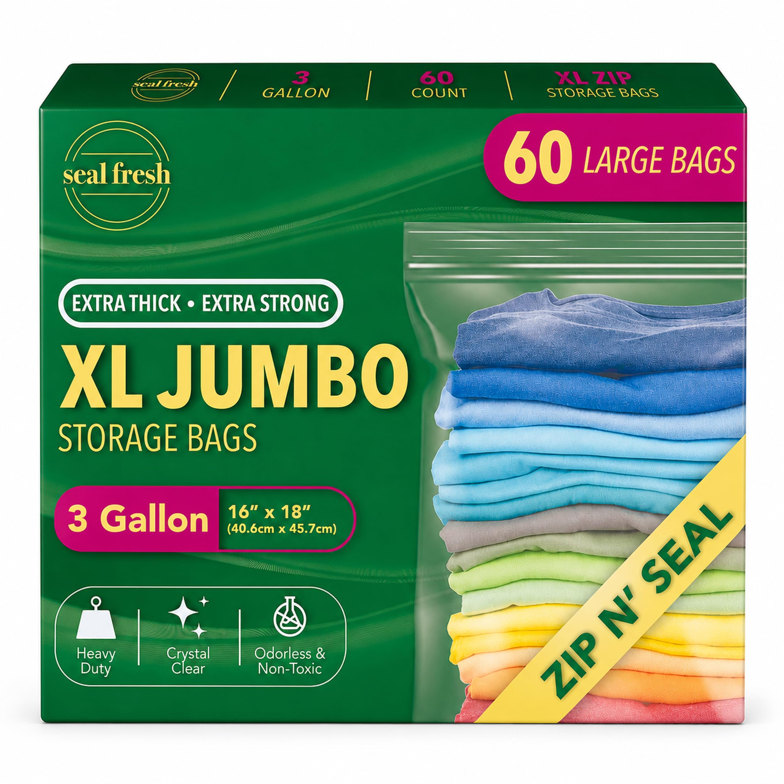 Seal Fresh Bolsas de almacenamiento de plástico grandes de 3 galones, 16 x 18 pulgadas (60 unidades) – Bolsas reutilizables XXL extra grandes y resistentes transparentes con cierre de cremallera para