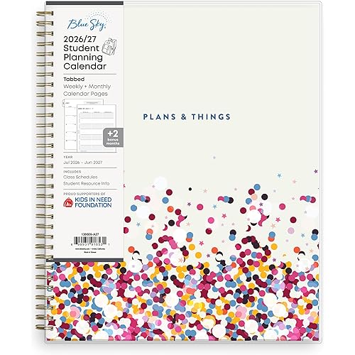Blue Sky 2026-2027 Weekly and Monthly Academic Year Student Planner Calendar, July 2026 - June 2027, 8.5" x 11", Flexible Cover, Wirebound, Laminated Tabs, Star Confetti Bright