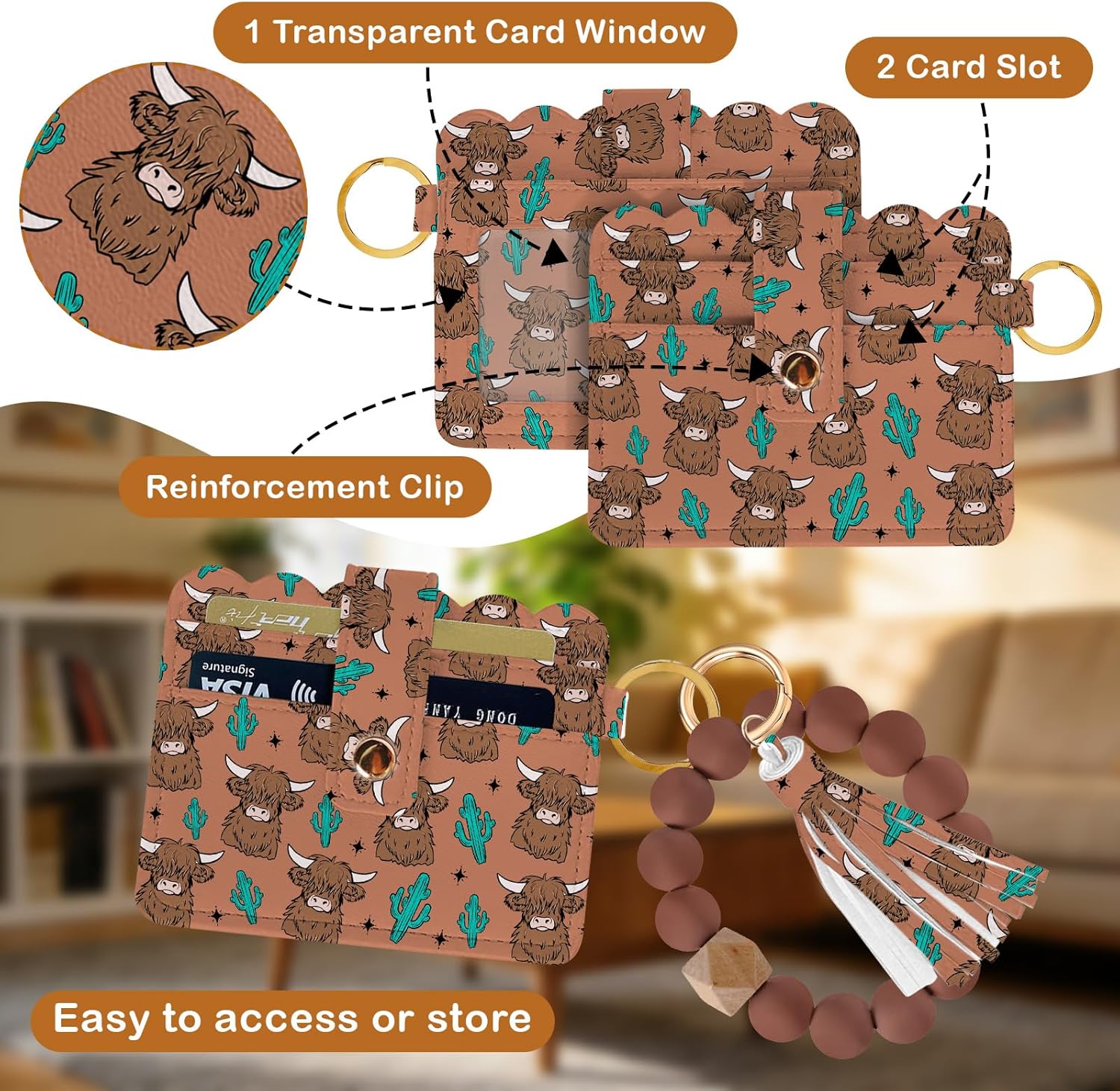 Wallet Keychain Wristlet, Silicone Bead Bracelet Key Ring Wallet with Wrist Strap and Card Case ID Window - Image 3