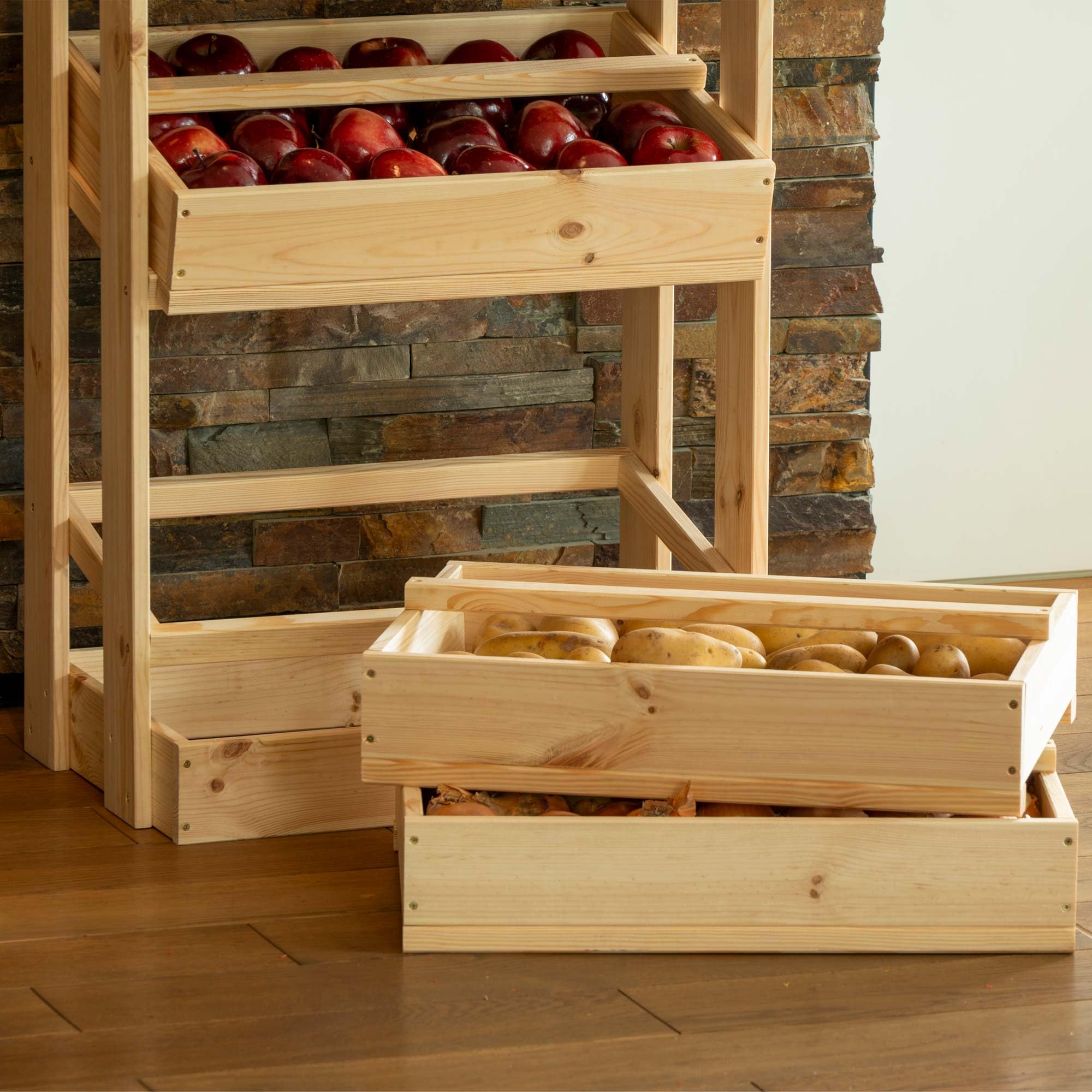 dobar® green label Vorratsregal für Obst und Gemüse - Obstkiste aus Holz - Obst und Gemüsehorde mit 4 Fächern - Gemüseregal mit 4 Stapelkisten - 53 x 35 x 116 cm - Natur