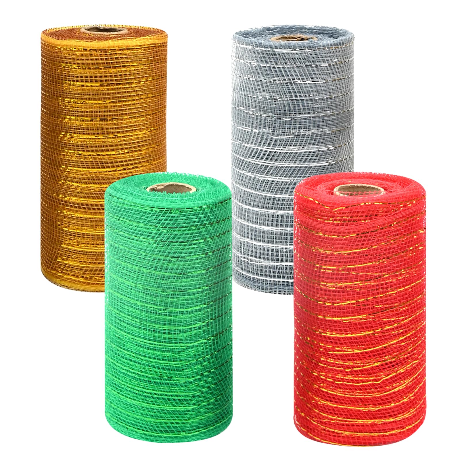TSLBW 4 Rolls Christmas Ribbon Decoration Poly Mesh Roll, Xmas Ribbons Mesh Metallic Winter Foil Decomesh Roll for DIY Wreath Making Swag Garland Christmas Party Gifts Box Decoration (A)