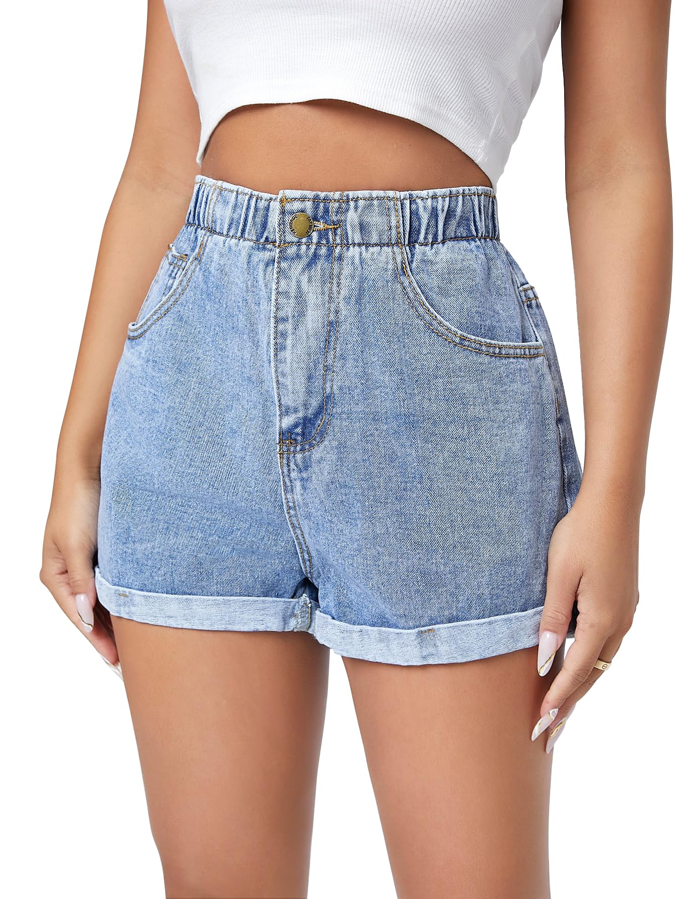 shasmi Women’s & Girl's High Waisted Denim Shorts – Casual Cotton Blend Zipper Fly Shorts with Rolled Cuff & Pockets | Summer Wear Stylish Short Pants for Women (Short 275)-picture-31