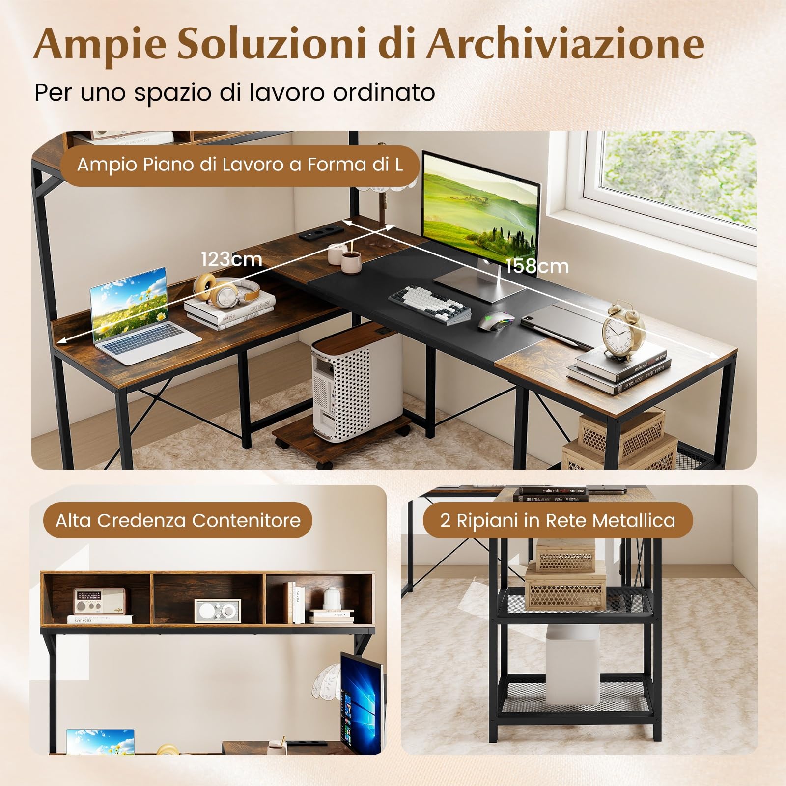 COSTWAY Scrivania Angolare con Stazione di Ricarica, Scrivania ad Angolo Salvaspazio con Scomparti, Ripiani e Supporto CPU Mobile, Postazione di Lavoro Gaming Reversibile per Casa e Ufficio