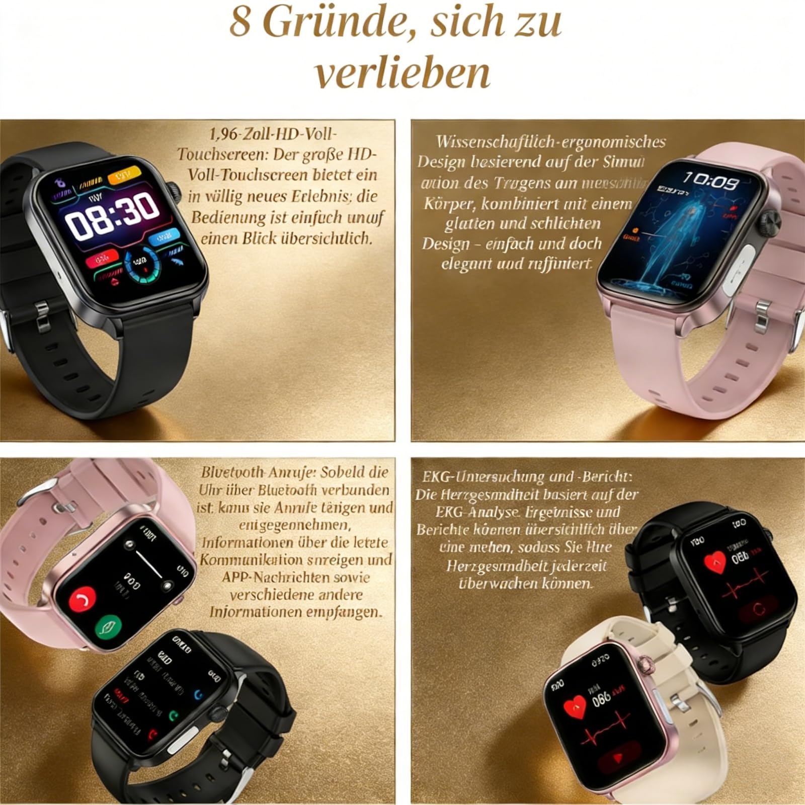 GlucoCare SOS - Smartwatch con GPS sportivo, con misurazione della pressione sanguigna e ECG, temperatura corporea, chiamate Bluetooth, compatibile con Android/iOS (blu)