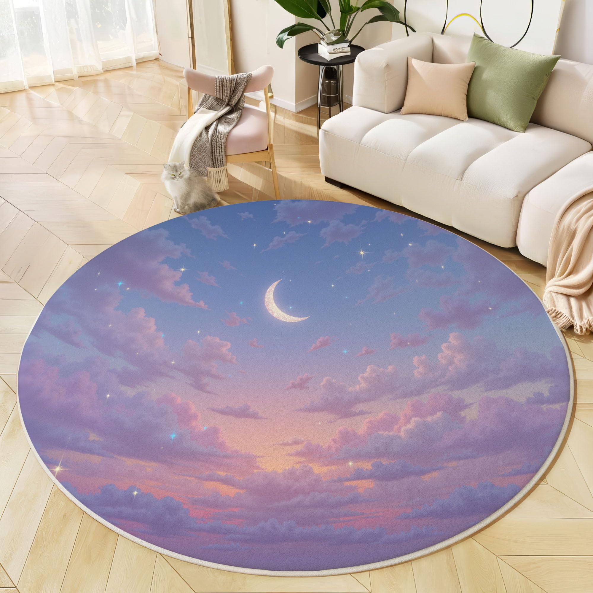 Tapis Rond 120cm Lavable Machine, Moquette Antidérapante Poil Bas Style Ciel Onirique, Motif Ciel Étoilé Lune Doux pour Salon Chambre Cuisine Nursery Bureau