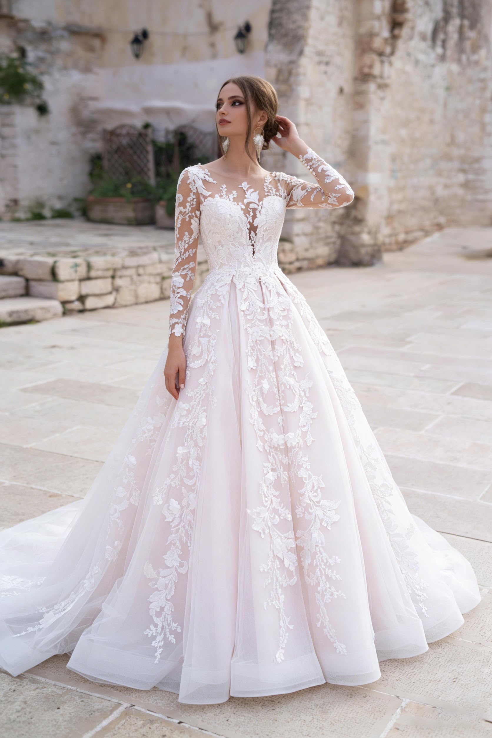 Spitzenapplikationen Brautkleider A-Linie Standesamt Lange Ärmel Brautkleid Hochzeitskleid Für Die Braut Mit Zug