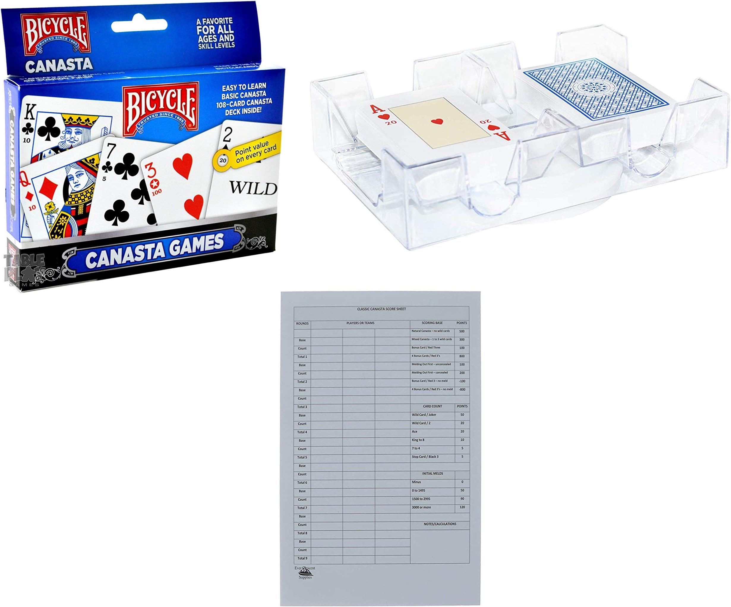 Canasta Cards with Point Values, Tray and Score Pads Set. Includes 2 Deck of Bicycle Cards, Revolving Holder, and 50 Scoring Sheets.