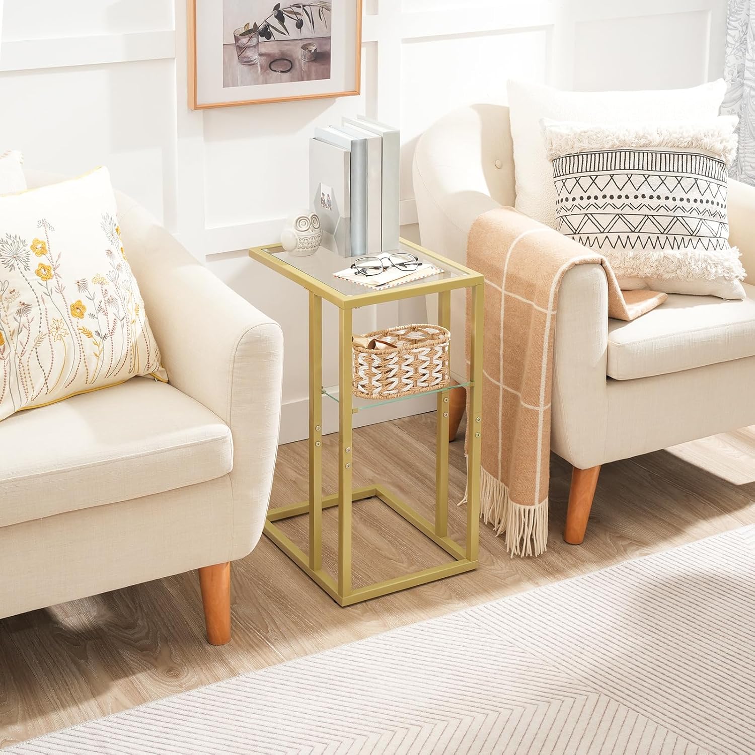 HOOBRO End Table, C Shaped Side Table with Tempered Glass, 24.4’’ Small Side Table for Sofa, Slide Under Couch, for Living Room, Bedroom, Balcony, Gold GD08SF01