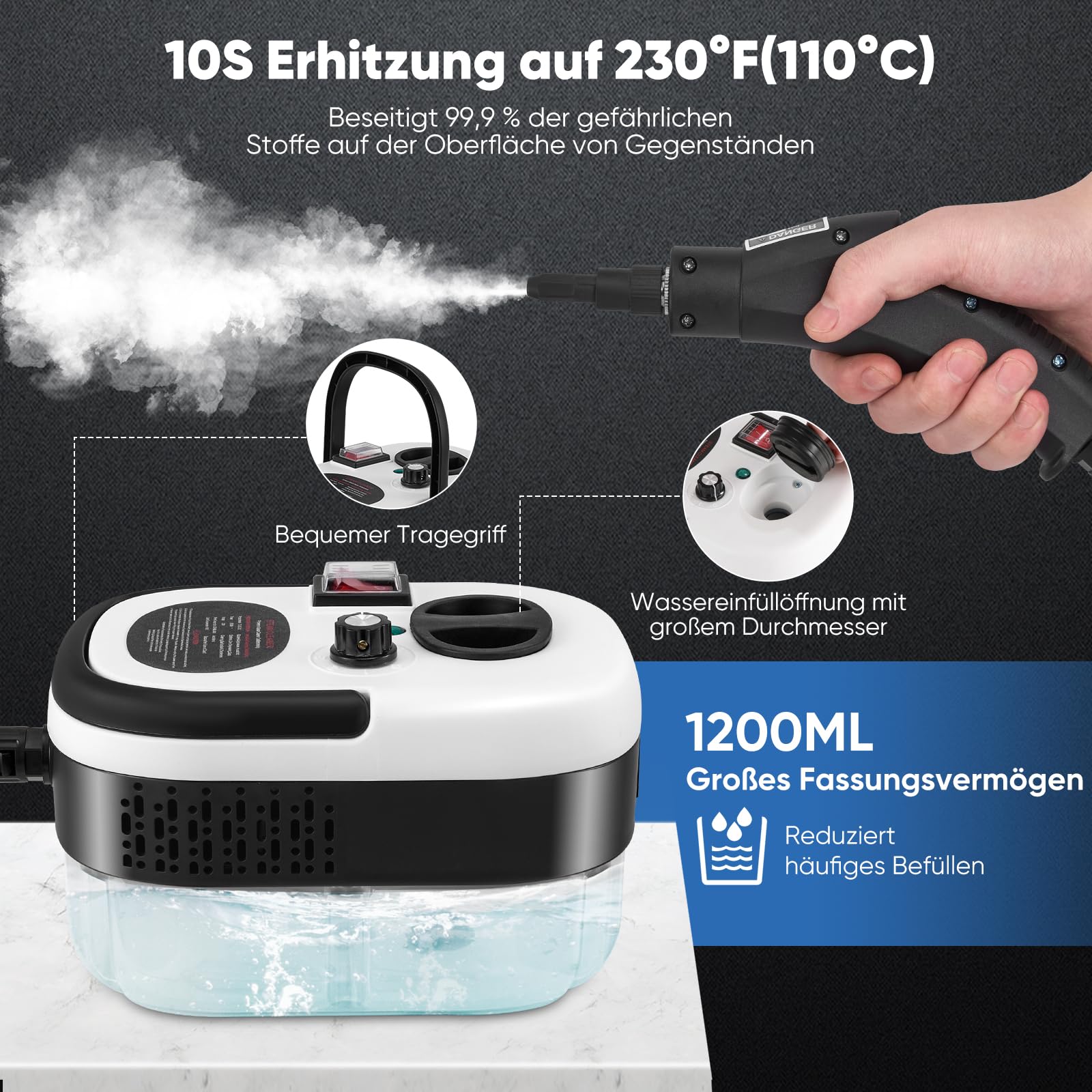Dampfreiniger Handgerät,Steam Cleaner mit 1500ML Tank,Tragbarer Hochdruck Dampfreiniger mit 3 Arten von Düsen,6 Einstellbare Geschwindigkeiten von Polstermöbel, Küche, Badezimmer, Auto