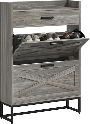 HOMCOM Armario estrecho para zapatos, armario industrial de almacenamiento de zapatos con 2 cajones abatibles, estantes ajustables y cajón superior,