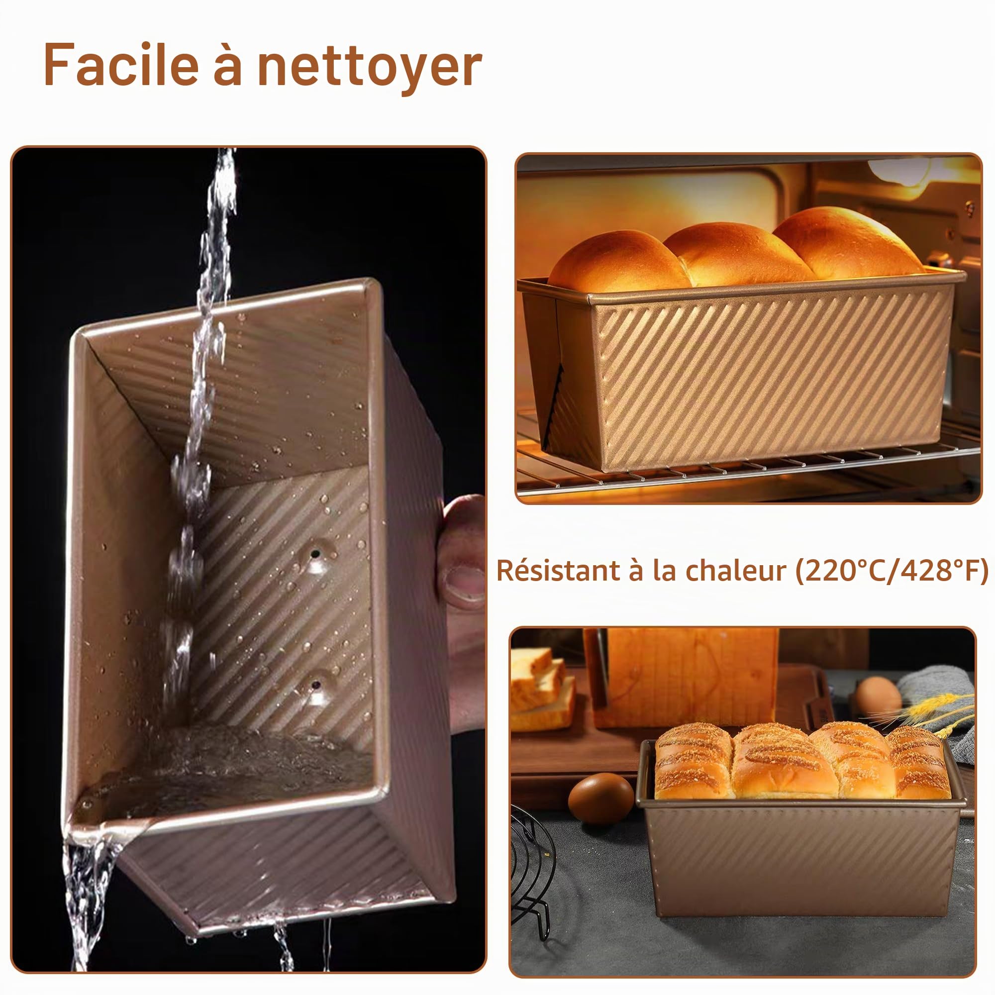 Moule à pain anti-adhésif en acier carbone avec couvercle pour la cuisson, capacité de 0,9 kg, doré