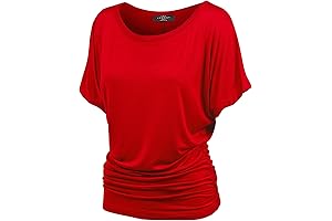 Blusa roja de manga corta para mujer, cuello barco, con fruncido lateral