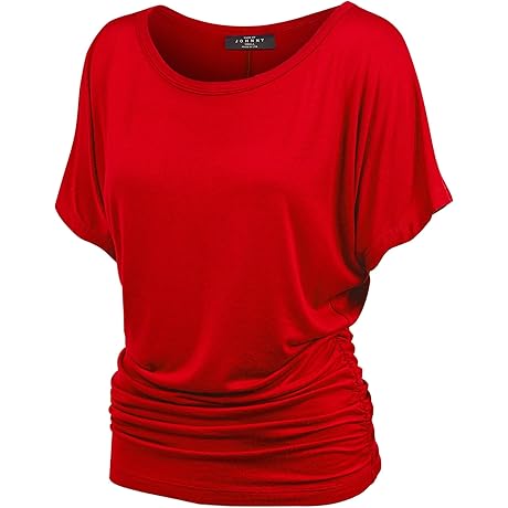 Blusa roja de manga corta para mujer, cuello barco, con fruncido lateral