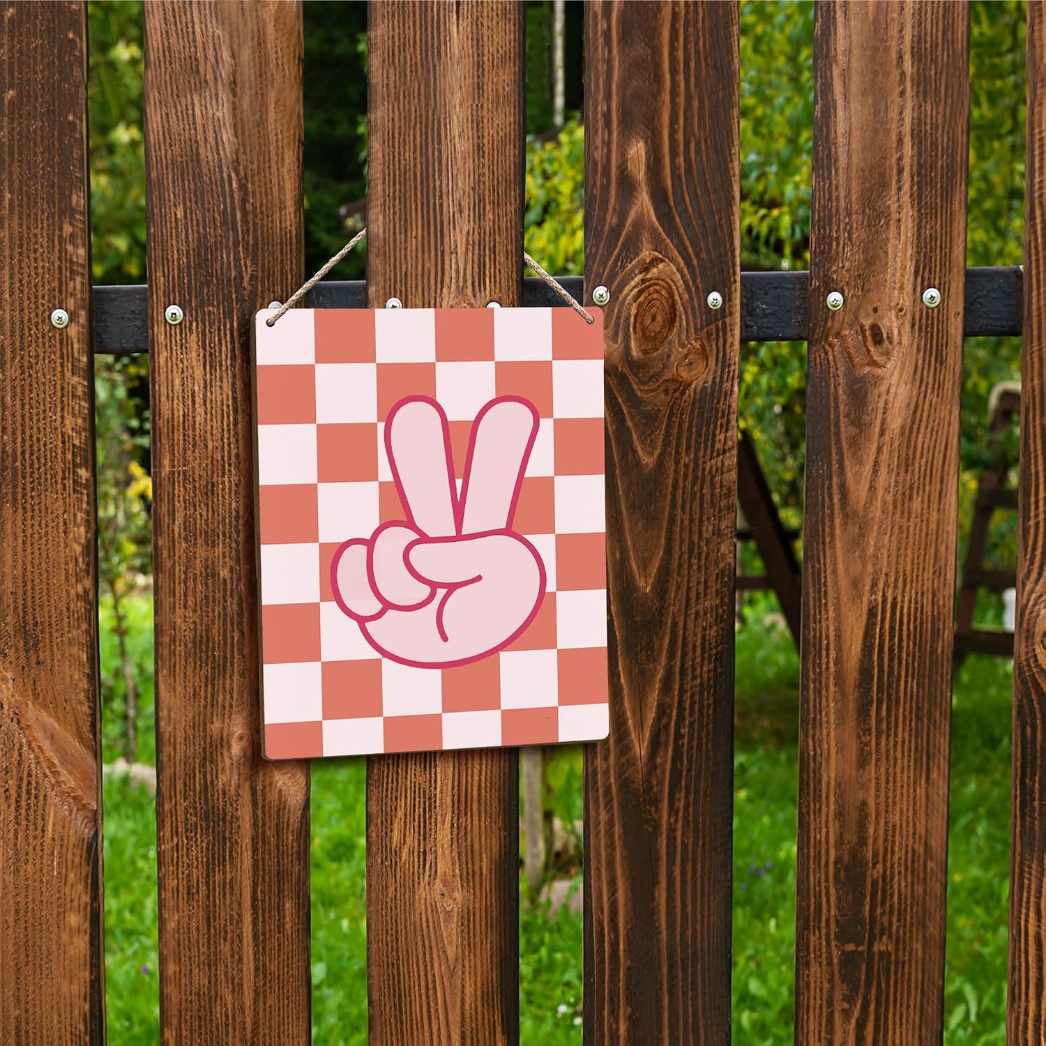 FUGWN Pink Checkered Peace Sign Hanging Wooden Signs 8x10, Pink and Orange Preppy Checkerboard Decor for Home Girls Room Dorm Nursery, Trendy Preppy Checkered Home Decor Gifts for Teen Girls Women