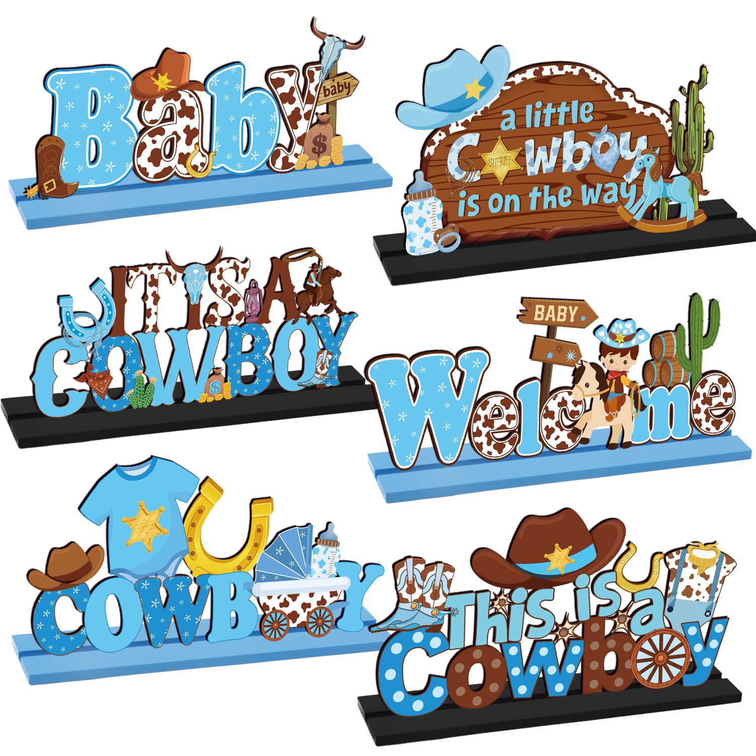 Gameza Wooden Cowboy Baby Shower Decorations, 6PCS Western Themed Table Centerpieces Sign Party Decorations Supplies, It's A Cowboy Baby Shower Decor