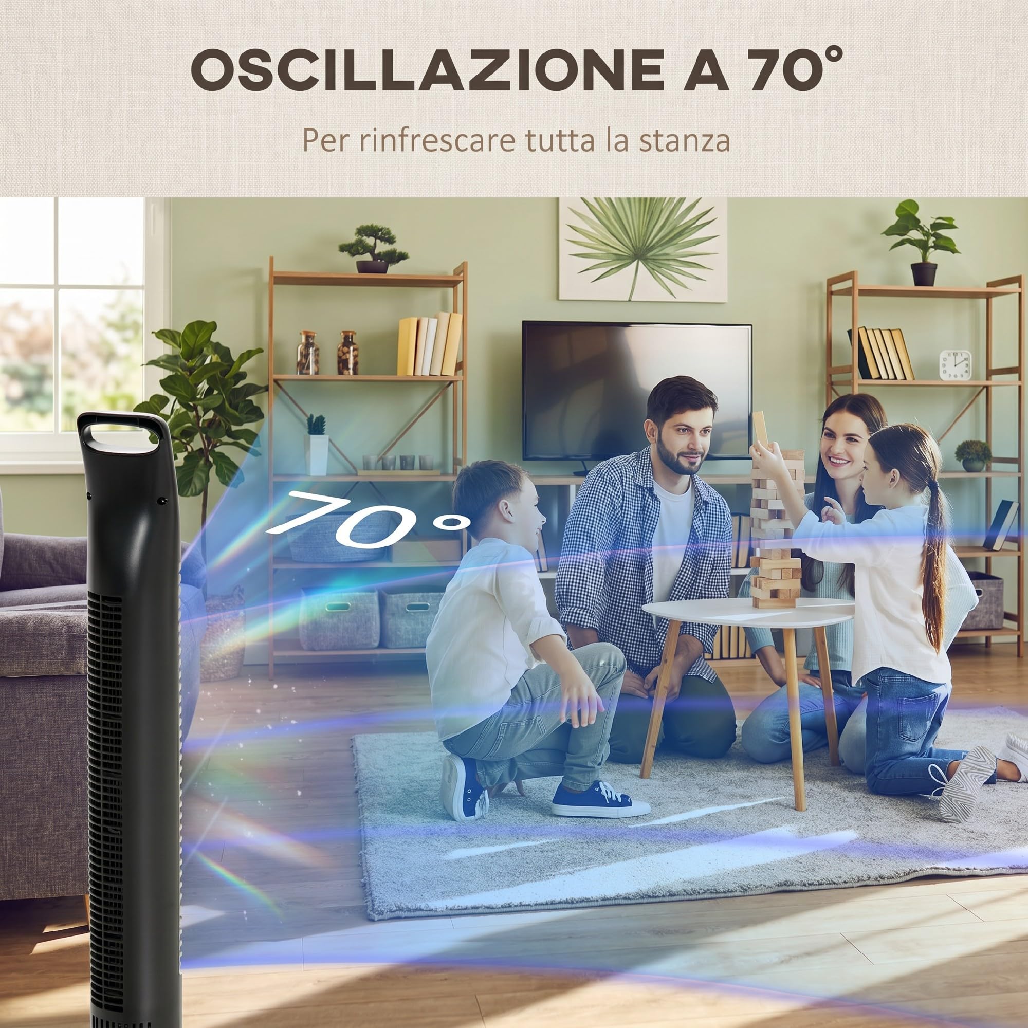 HOMCOM Ventilatore a Torre 40W con 3 Modalità e 3 Velocità, Ventilatore a Colonna Oscillante 70°, Timer 7.5h, con Telecomando fino a 5m, Ф18x78.5cm, Nero