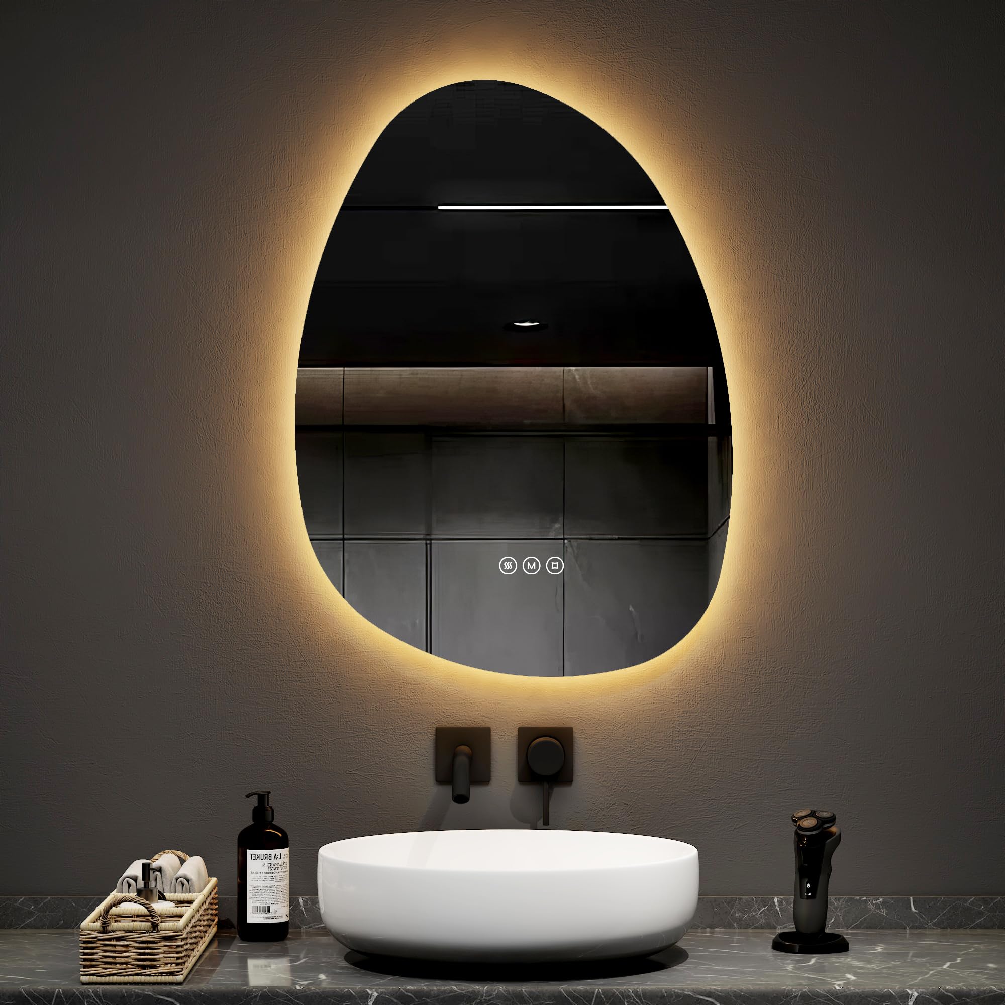 EMKE Specchio da Bagno con Illuminazione Asimmetrica – 65 x 45 cm,Memoria | Anti-Appannamento, Specchios LED, 3 Colori di Luce Regolabili, Interruttore Tattile,Specchi da Bagno