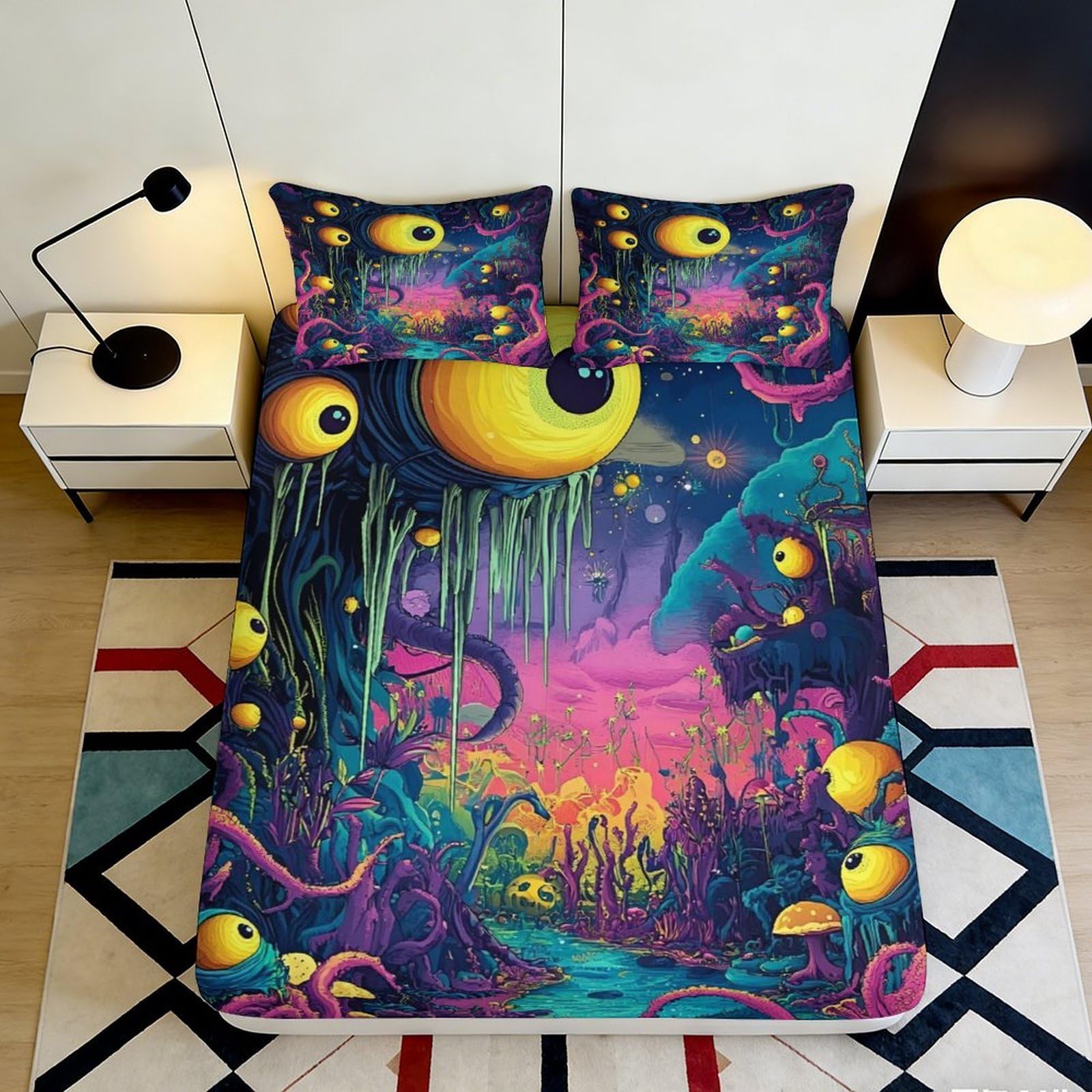 3D Printed Surreal Eye Tentacle Fitted Sheet Microfiber Soft Fantasy Monster Bed Cover for Bedroom Dorm Decor 90x200x25cm