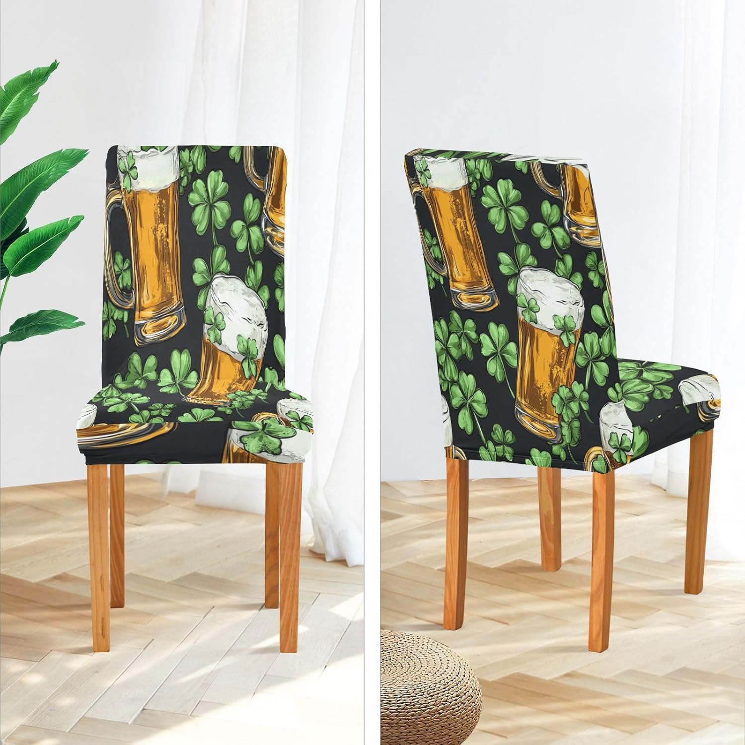 ALAZA Chair Covers for Dining Room, Clover Leaves Glasses of Beer St. Patrick's Day Stretch Chair Cover Sets Chair Protector Removable Washable for Ktichen Restaurant Hotel