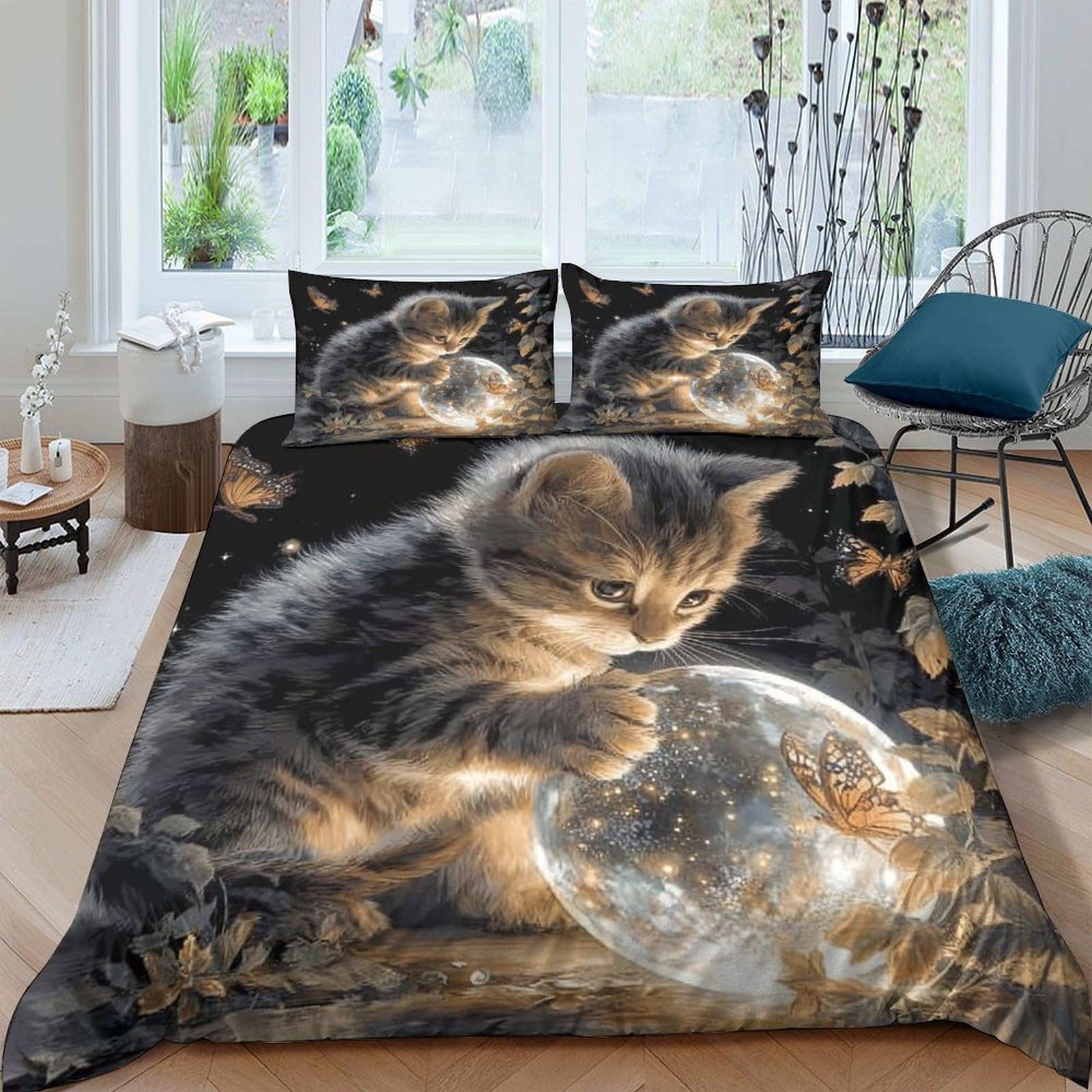 Ctjqhvkz Style-6 3D Printed Cute Kitten Fitted Sheet Microfiber Soft Breathable Moonlight Bed Cover For Bedroom Dorm Decor Single（135X200cm）