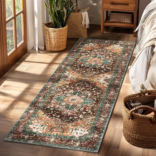 Miniatura 1 de Alfombra lavable de 2 x 6 pies, antideslizante, estilo bohemio, vintage, con parte trasera de goma, resistente a las manchas y pelo bajo, alfombra