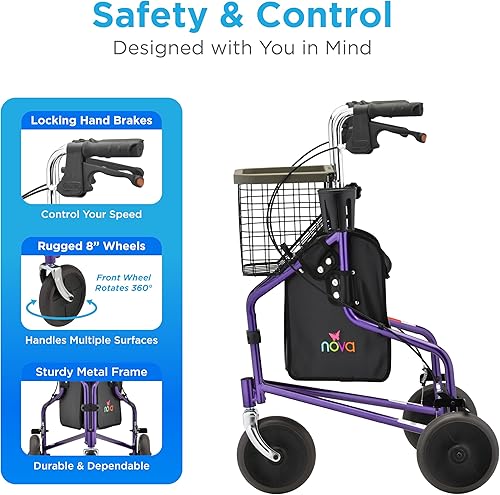 Vista 3 de NOVA Traveler - Andador plegable de 3 ruedas con bandeja, canasta, bolsa y soporte para tazas, ayuda de movilidad ligera para personas mayores