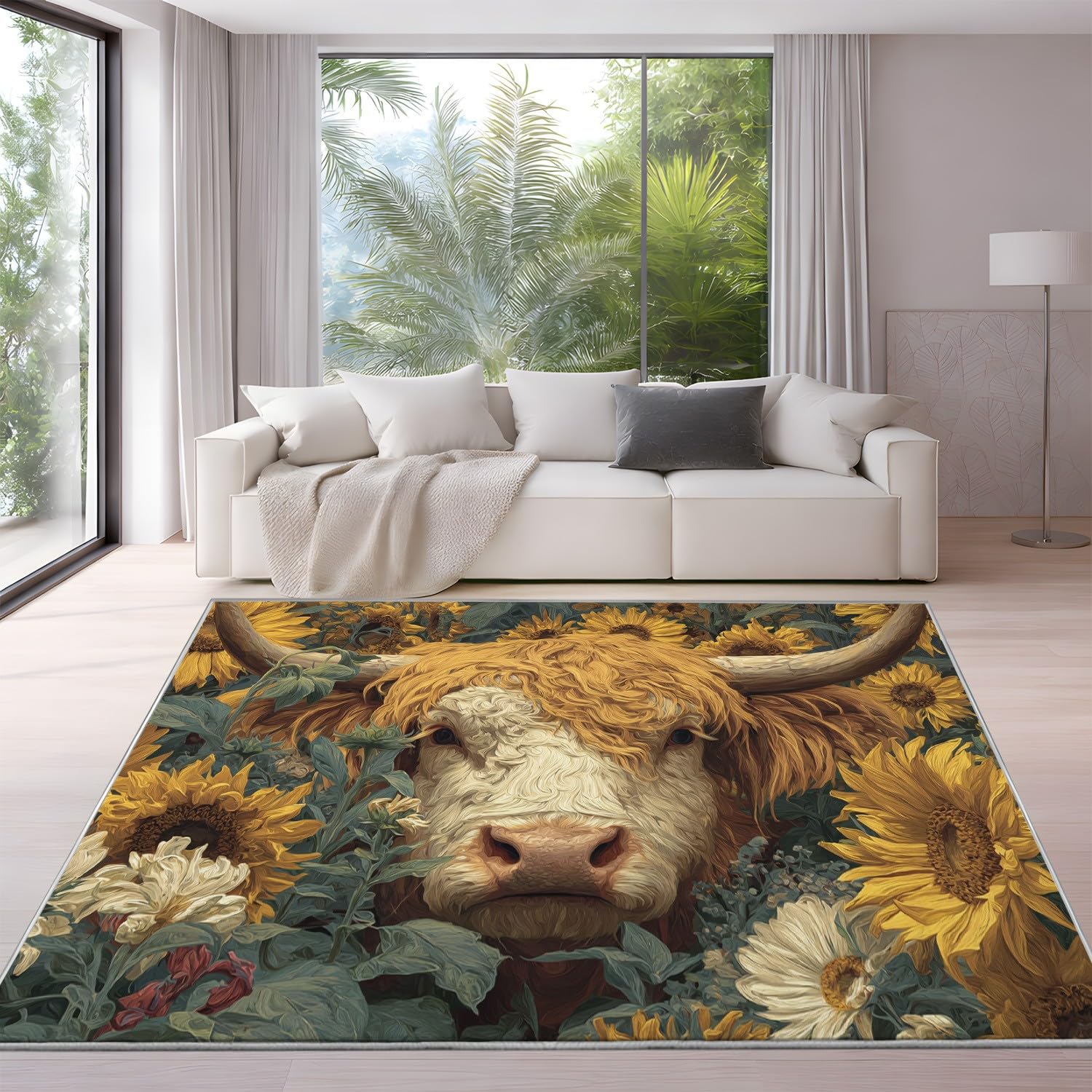 Generisch Retro Kuh Sonnenblumen Fantasie Kurzflor Teppich, Waschbarer Flauschig Teppich, 60 x 90 cm Wohnzimmer Anti Rutsch Extra Große Teppiche Schlafzimmer Weich Teppiche Senfgelb