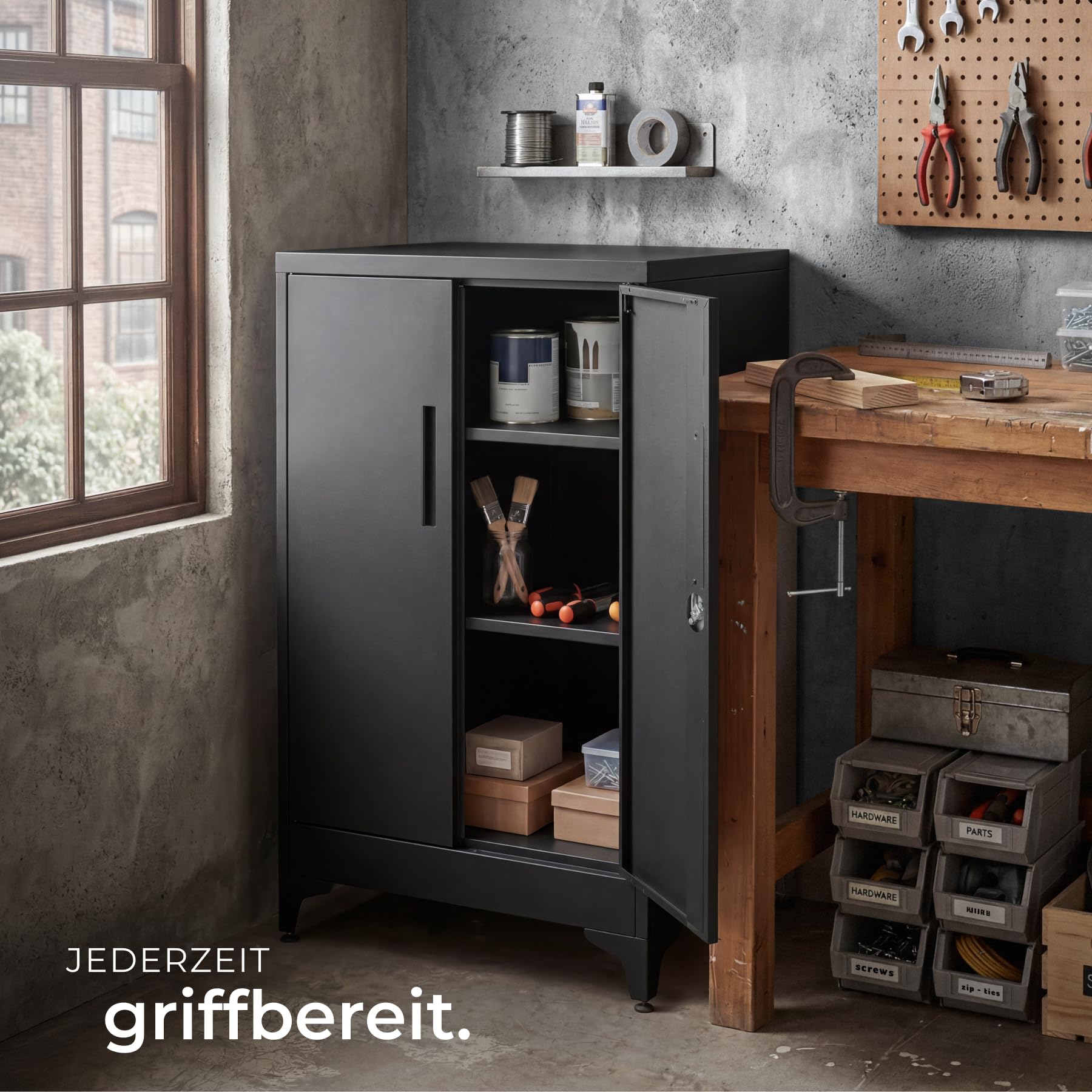 TecTake® Aktenschrank, 60 x 40 x 100 cm, 2 verstellbare Böden, abschließbar, Magnetverschluss, Kippschutz, Büroschrank, Aktenmöbel, Ordnerschrank, Büroorganisation, Arbeitsmobiliar - schwarz