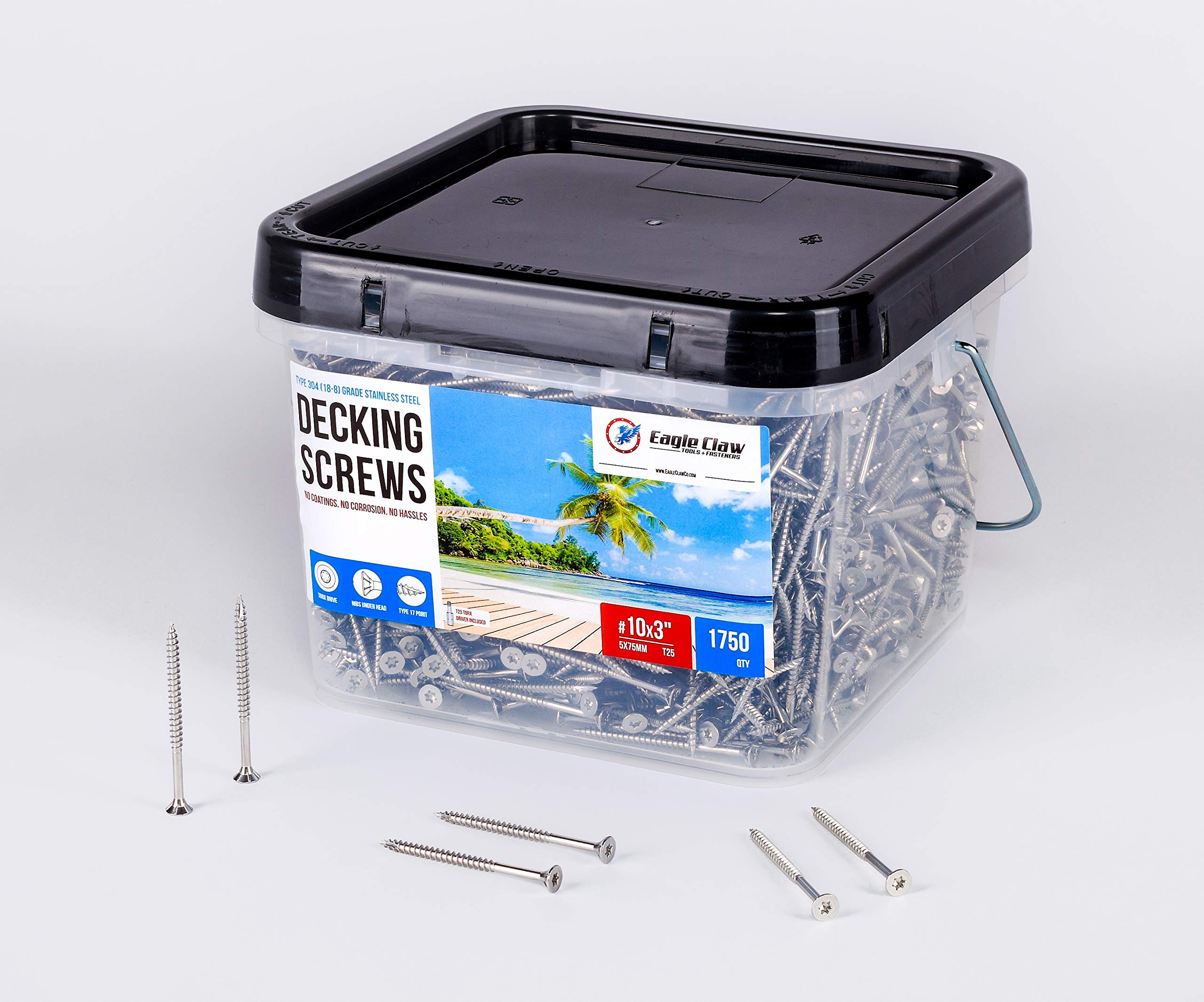Allen's Trading Co. Eagle Claw Fasteners #10 x 3 Inch Stainless Steel Deck Screws 1750 Pack 25 Pound T25 Star Drive Type 17 Point 304 Grade Stainless Wood Screws High Corrosion Resistance by