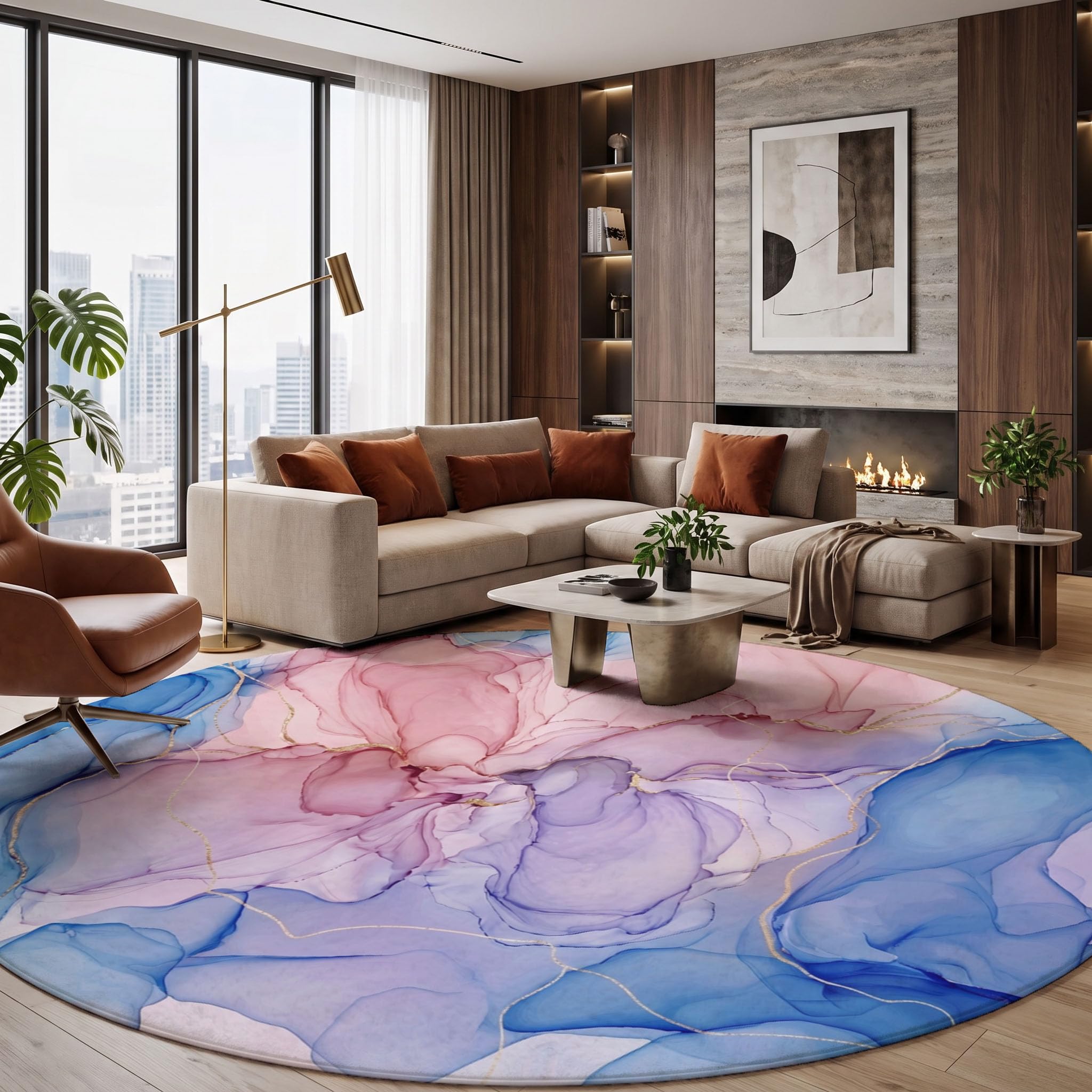Tapis Rond Blocs De Couleur Dégradés Bleu Rose 120cm | Art Fluide Abstrait Rond Tapis Doux Résistant, Lavable Antidérapant pour Chambre à Coucher Salle à Manger