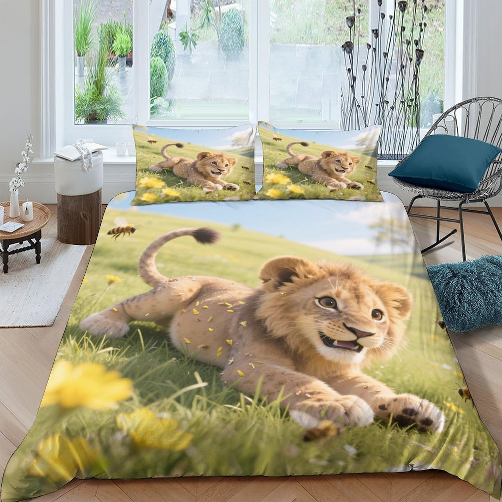 3D Printed Lion Cub Duvet Cover Microfiber Soft Breathable Meadow Animal Bedding Set with 2 Pillowcases for Bedroom Decor Single（135x200cm）