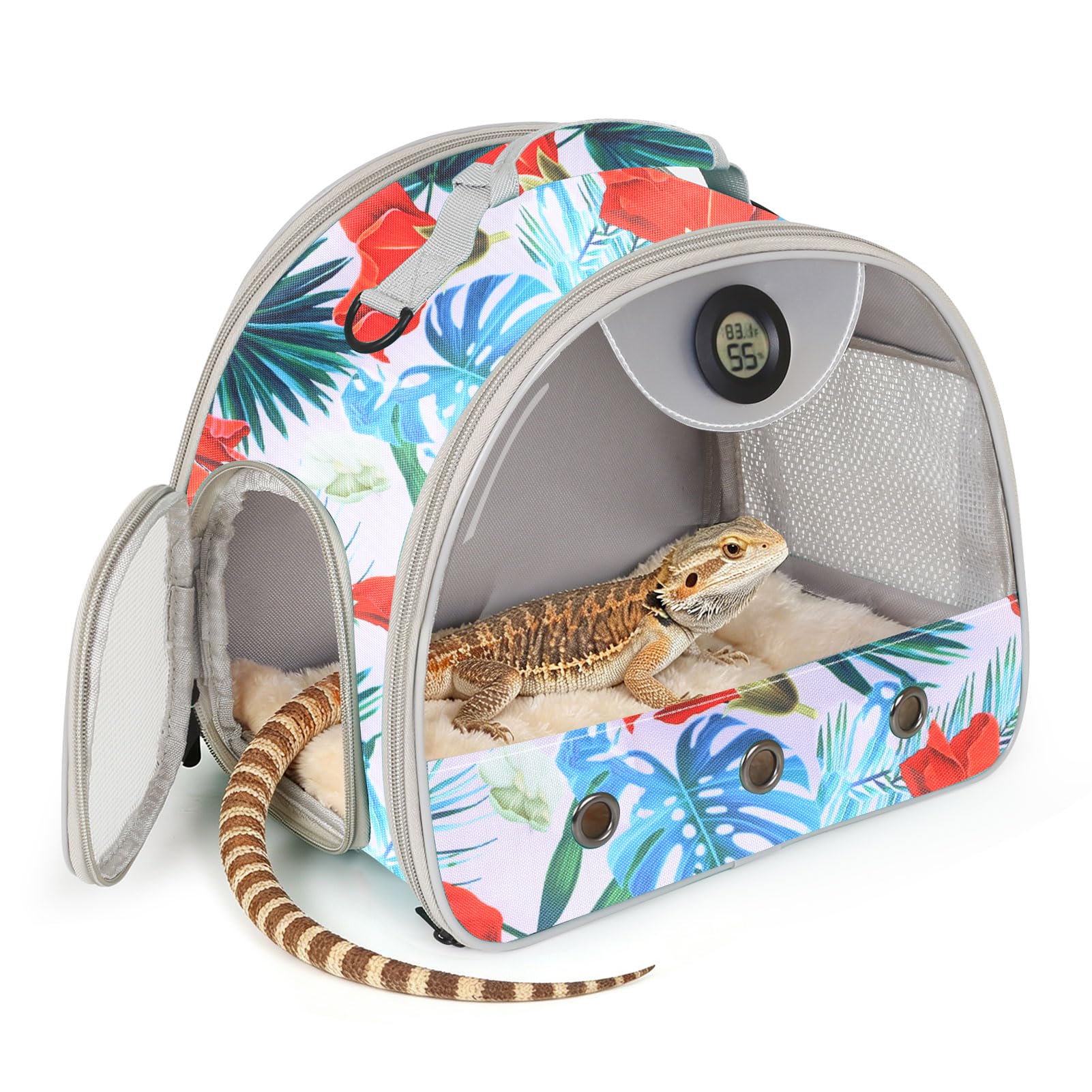 Bearded Dragon Carrier, Reptile Travel Bag with Built-in Thermometer Hygrometer, Breathable Small Animal Carrier with Clear View Window, Portable Guinea Pig Carrier for Gecko, Snake, Hamster Floral Carrier