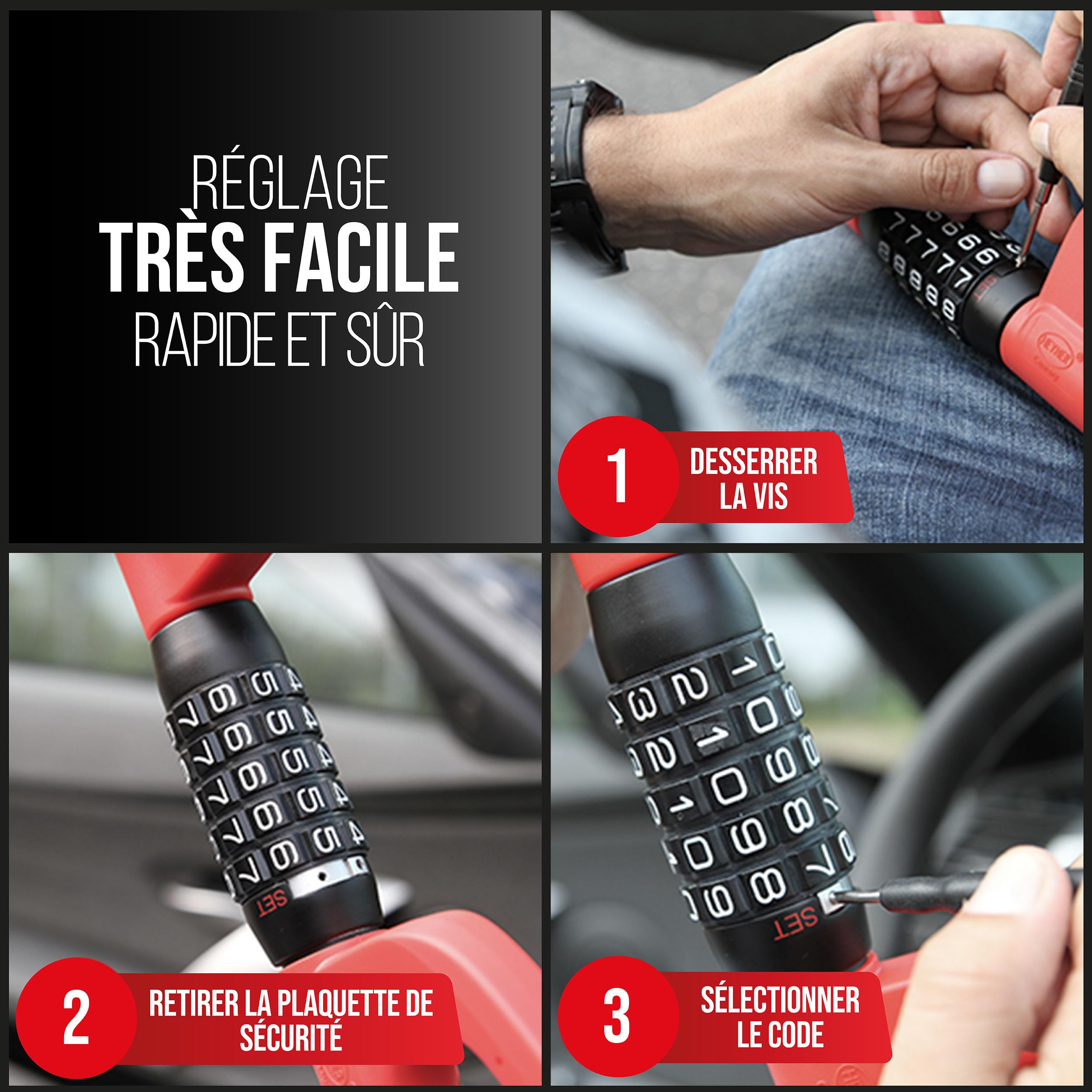 HEYNER® Verrouillage du volant, dispositif antidémarrage avec serrure à combinaison, dispositif antivol
