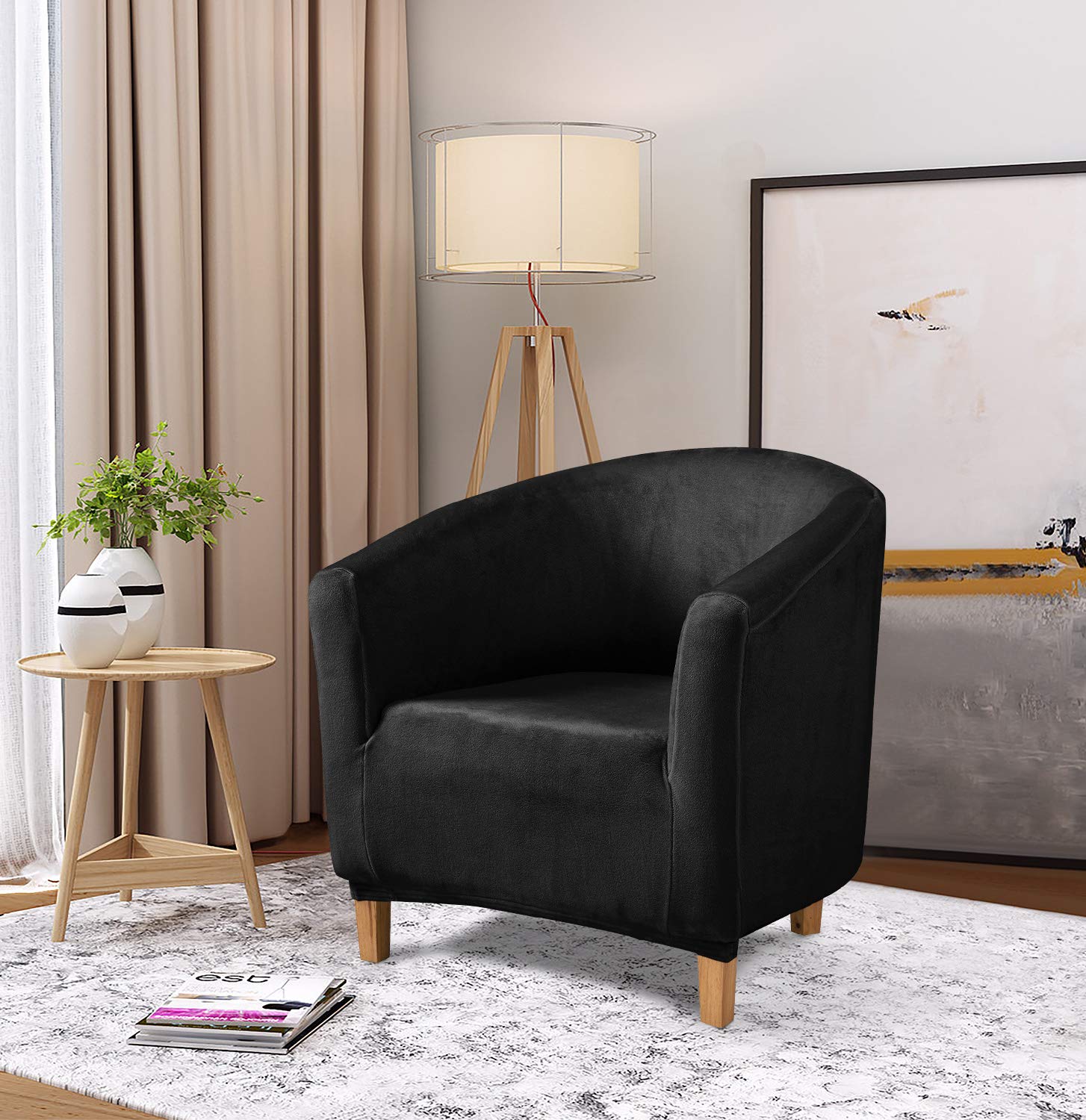 TIANSHU Velluto Poltrona Da Cocktail Chesterfield Fodere Coprisedia, Morbido Peluche Elasticizzato Fodera Per Sedia Da Club Antiscivolo Copripoltrona Rimovibile Universale(Nero)