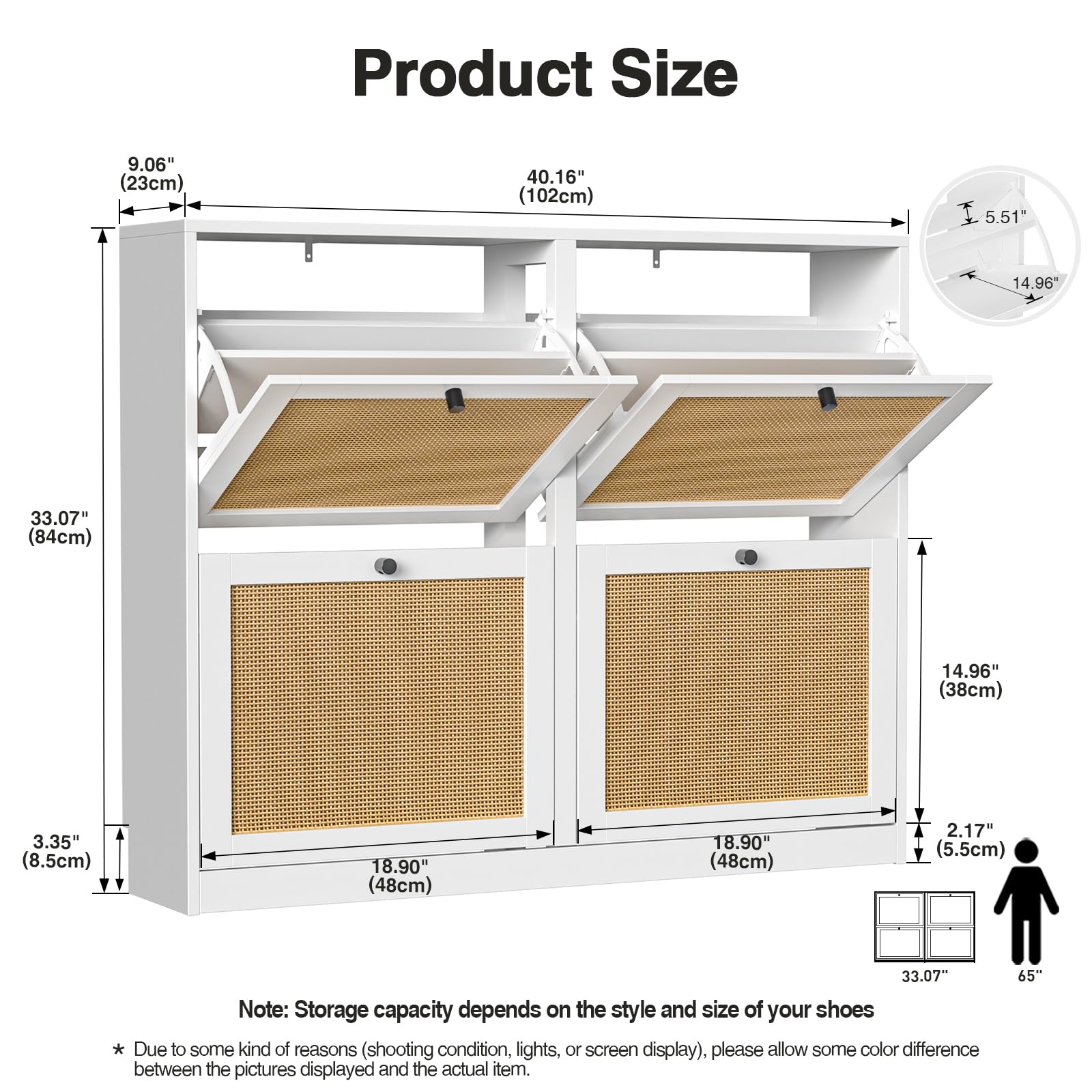 Mueble Zapatero de ratán con 4 Solapas Abatibles y Estantes Ajustables para 16-24 Pares de Zapatos para Pasillo Entrada 120x24x81 cm, Blanco