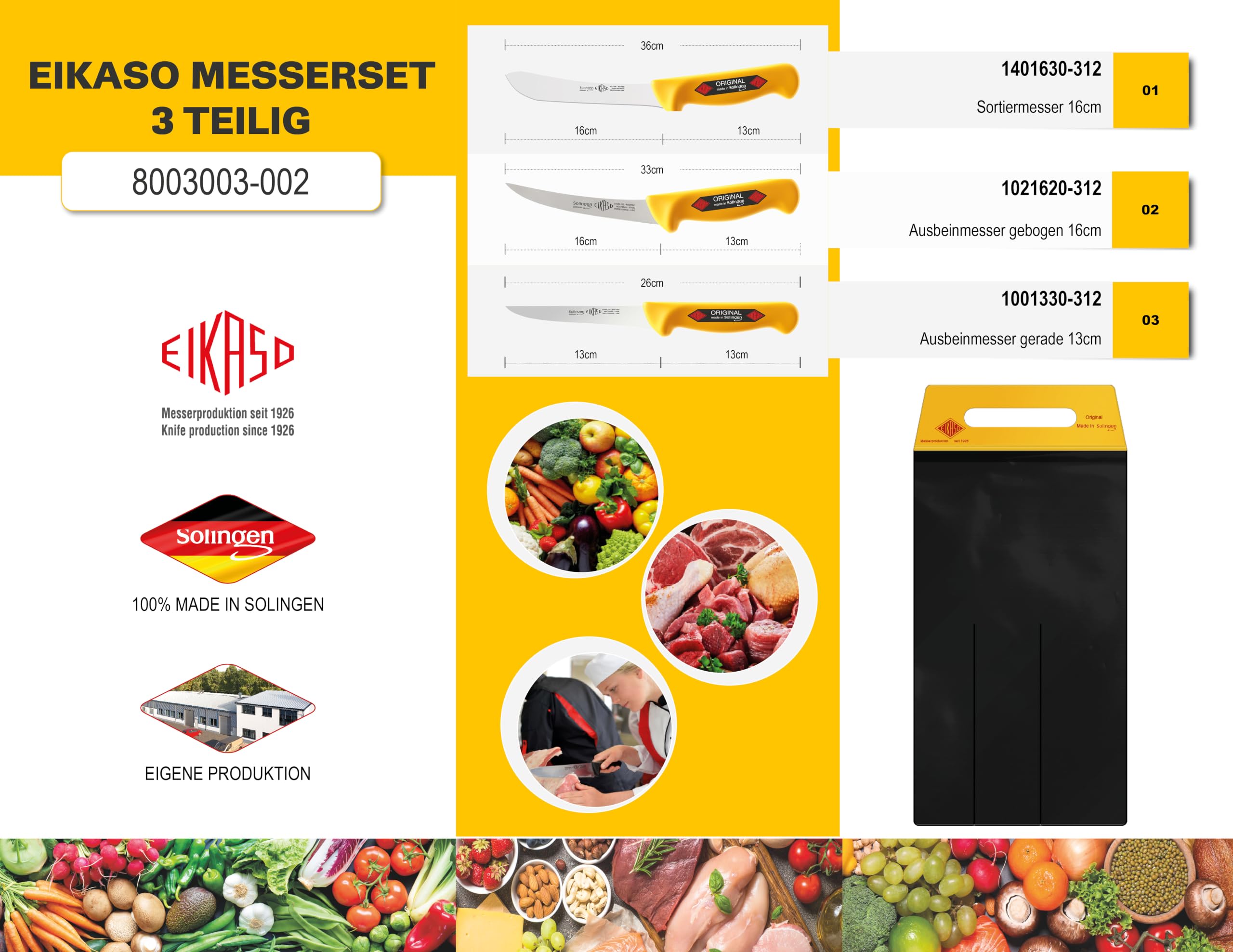 EIKASO Solingen Messerset 3 Teilig Schlachtermesser Set Metzgermesser mit ergonomischen Griff aus Molybdänstahl 1.4116 für Profis und Privat