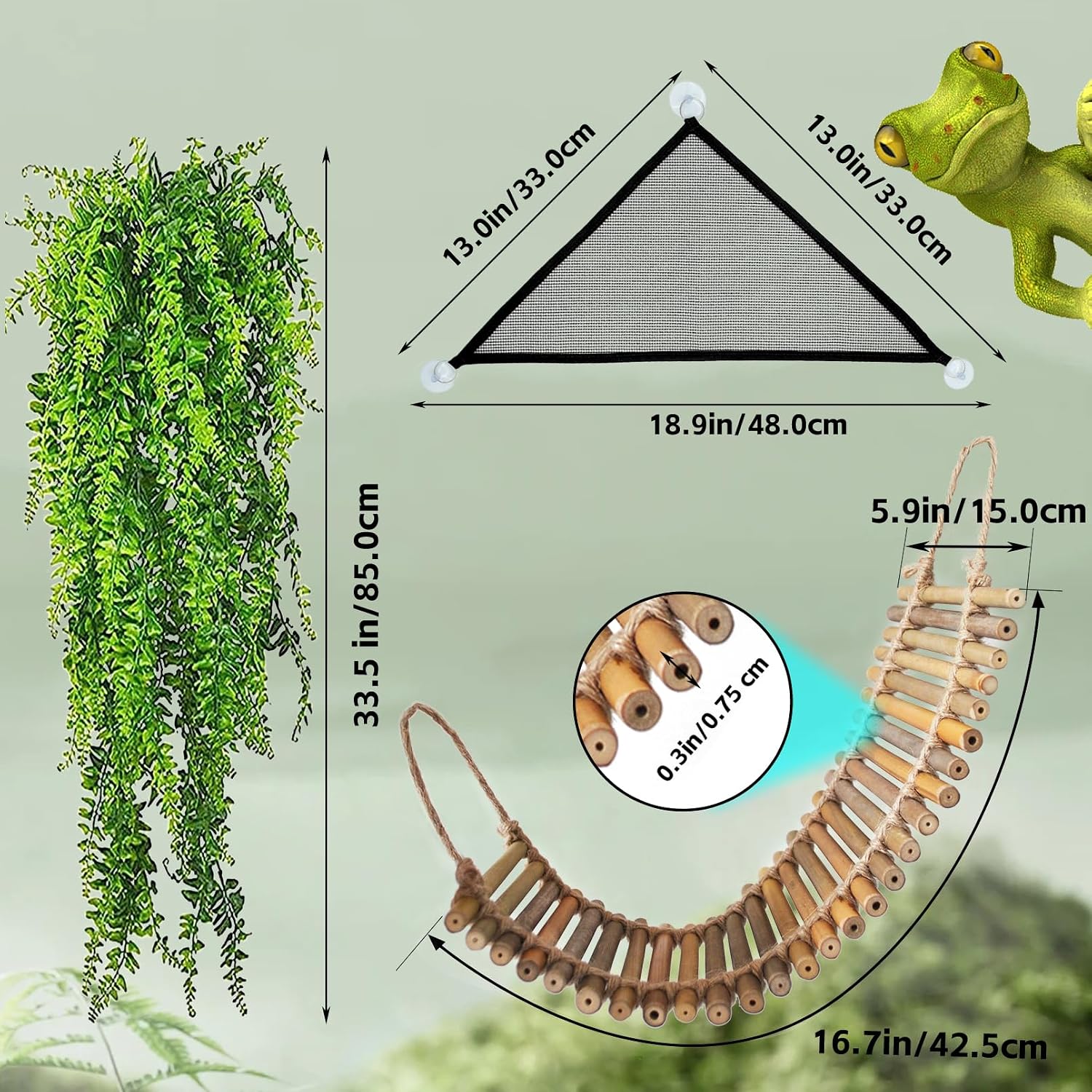 kathson Reptile Bridge for Terrarium,Bearded Dragon Wooden Bridges Gecko Hammock with Hanging Plants Lizard Lounger Bamboo Ladder Reptiles Tank Accessories Climbing for Chameleons Geckos Snakes (3Pcs)