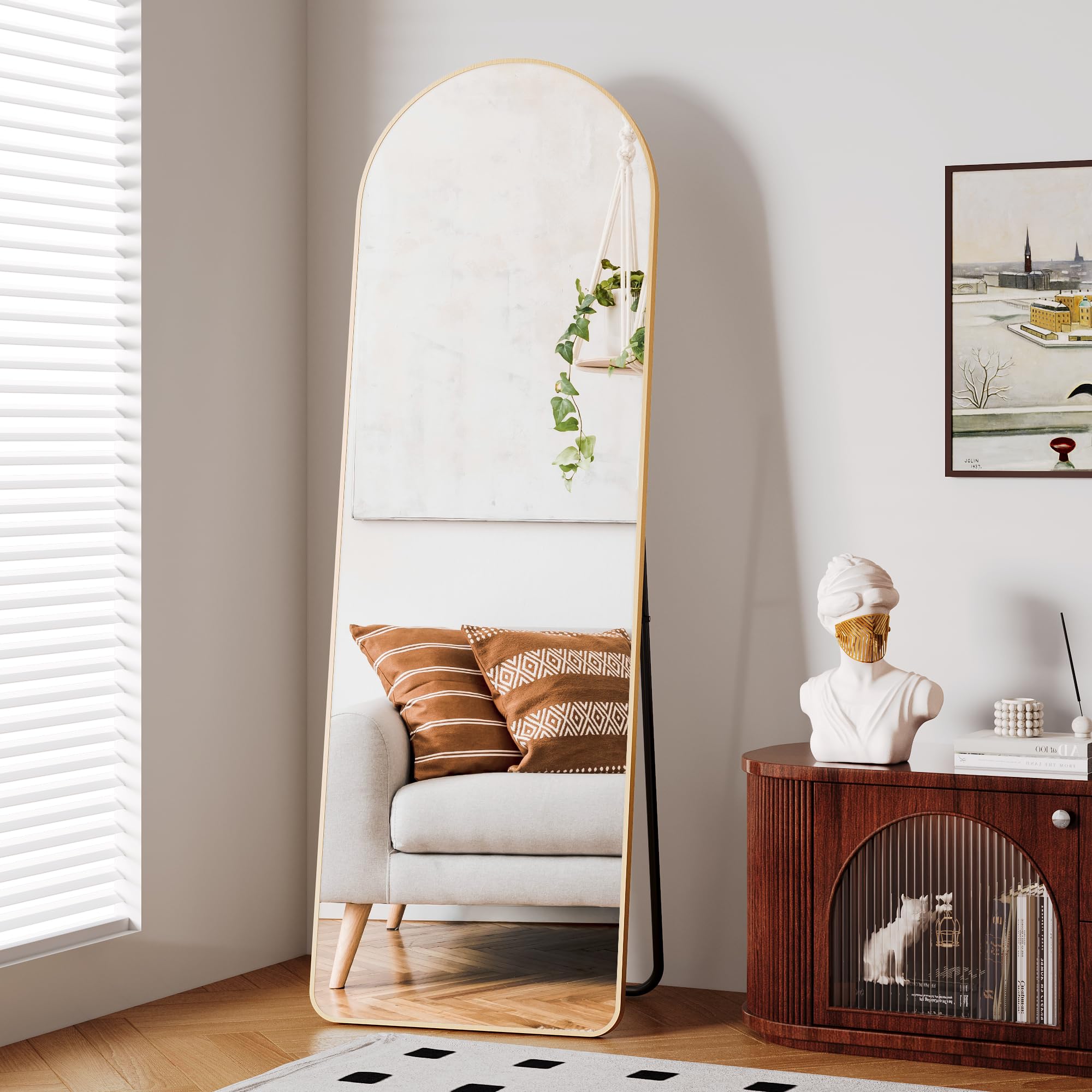 Clevich Espejo de Cuerpo Entero 162 x 53 cm con Soporte Marco de Metal Espejo de pie HD Grande con Ganchos Espejo Cuerpo Entero Espejo de Pared para Salón Dormitorio Vestidor Baño Arco Dorado