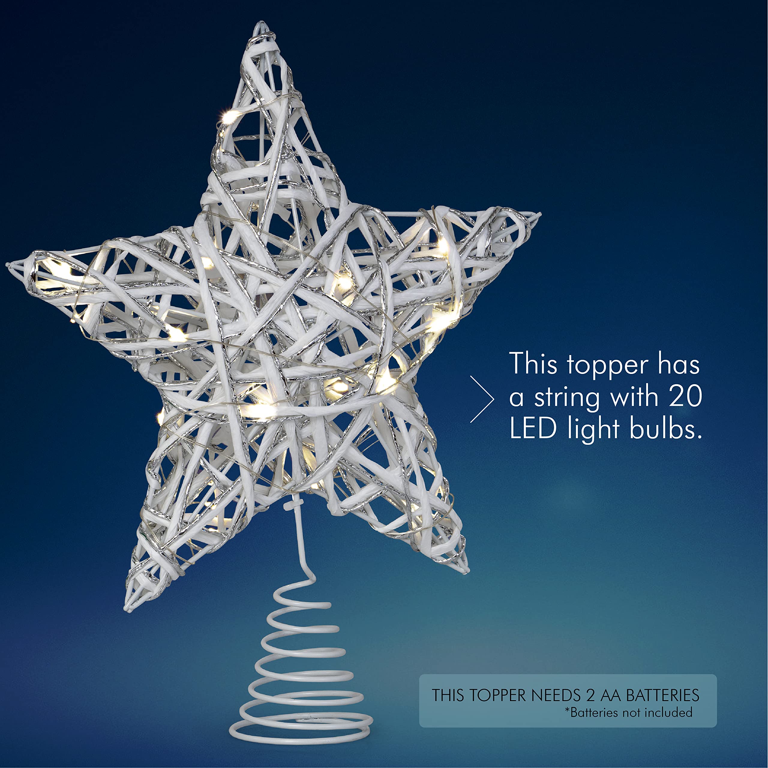 Ornativity Christmas Star Rattan Tree Topper – White and Silver Xmas Holiday Decor Rustic LED Lights Light Up Tree Top Topper Ornament Decoration 12