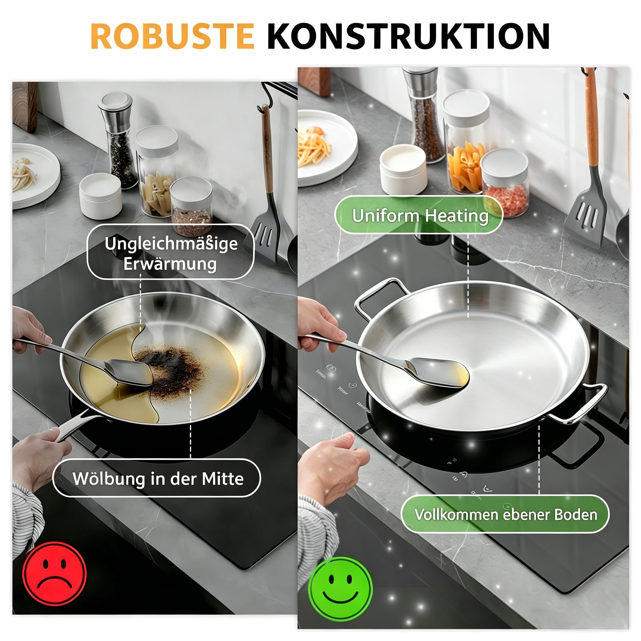 LOLYKITCH Paellapfanne 36 cm mit Glasdeckel Edelstahl unbeschichtet