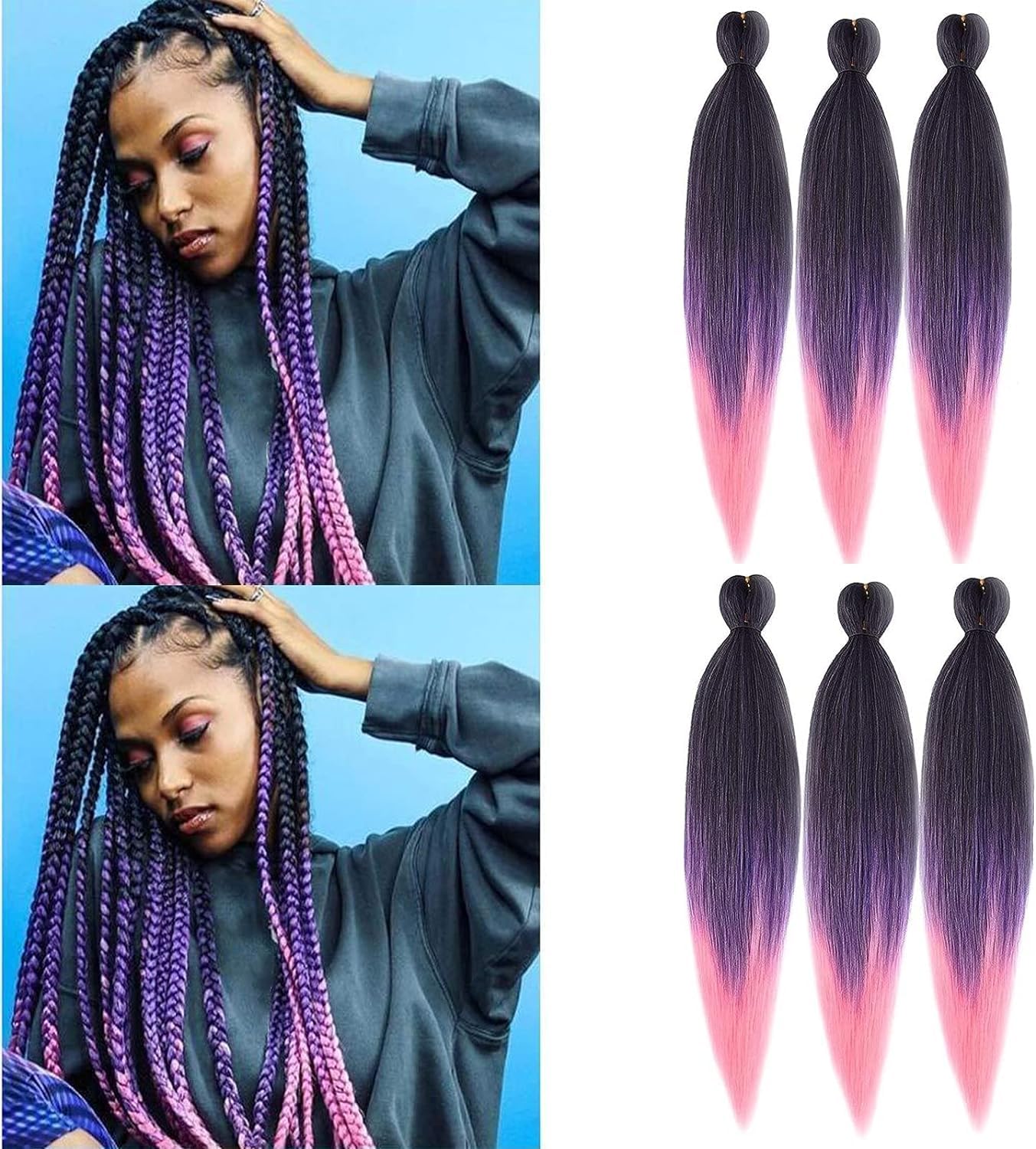Pre-stretched Braiding Hair 26" Easy Braid 6 Packs Professional Synthetic Fiber Crochet EZ Braids Yaki Texture Braiding Hair Extensions (1B/Purple/Pink)