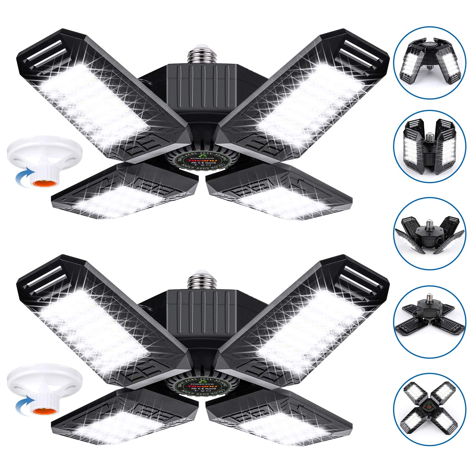LED Garage Lights 2 Pack 100W,Yavanu 4 Panels 12000LM 6500k Garage Lights Ceiling LED E26/E27,Deformable LED Garage Lighting Fixture with Adjustable Multi-Position for Workshop Workbench Barn Basement