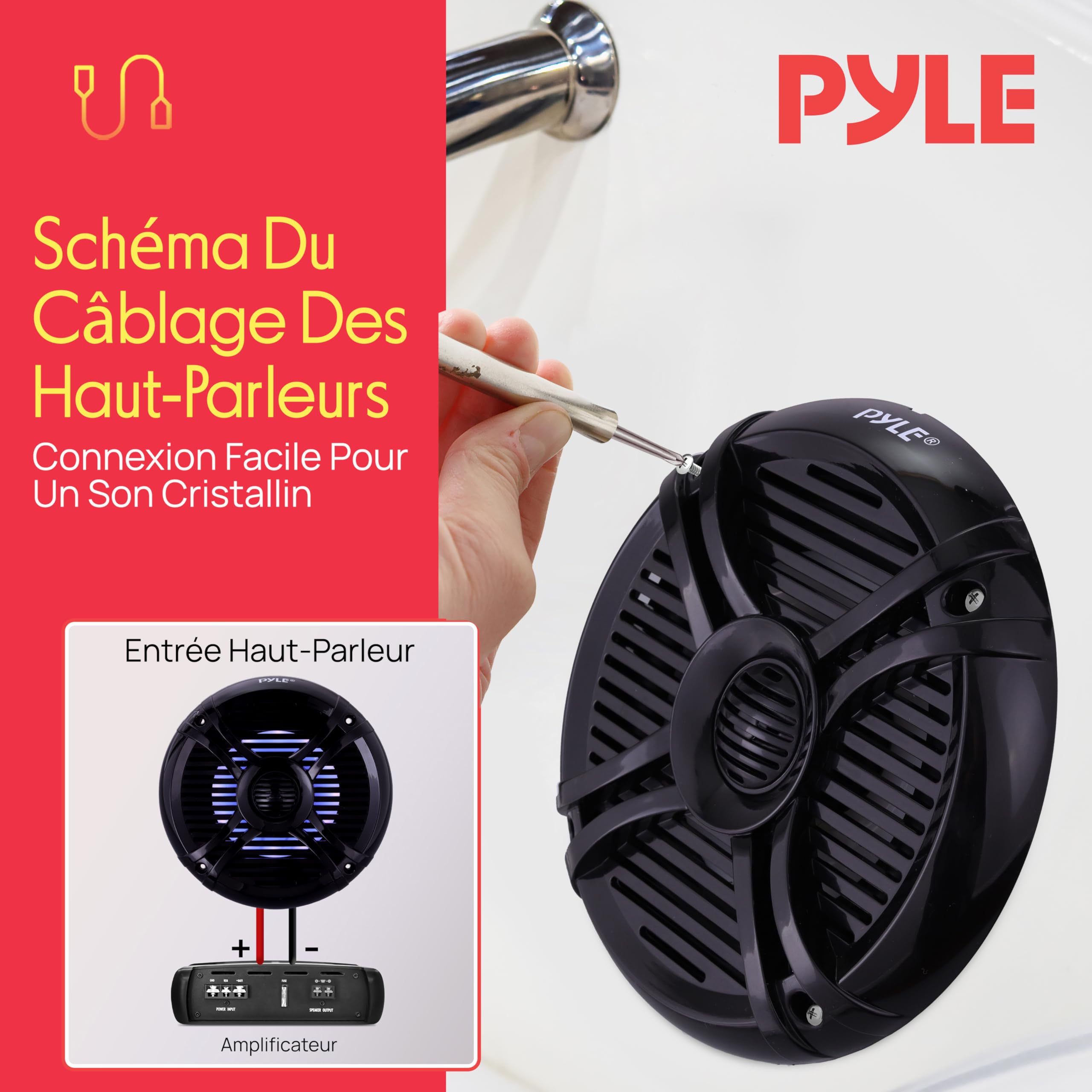 Pyle Haut-Parleur Marin Dual 6,5” Étanche - 250W Système Audio Stéréo Radio Voiture/Bateau Résistant aux Intempéries avec Lumières LED, Câble de Montage et Grill - 1 Paire (Noir)